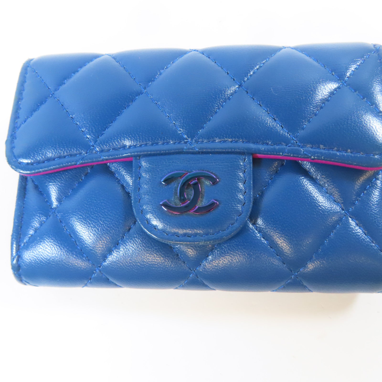 CHANEL 菱格羊皮皮革Card Case金扣卡片套藍色/紫色
