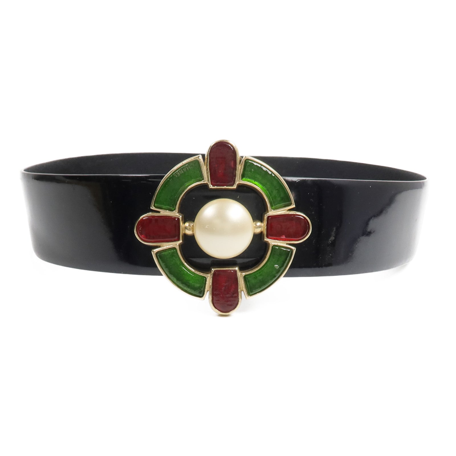 CHANEL 漆皮皮革/金屬Gripoix Medallion Belt 70皮帶