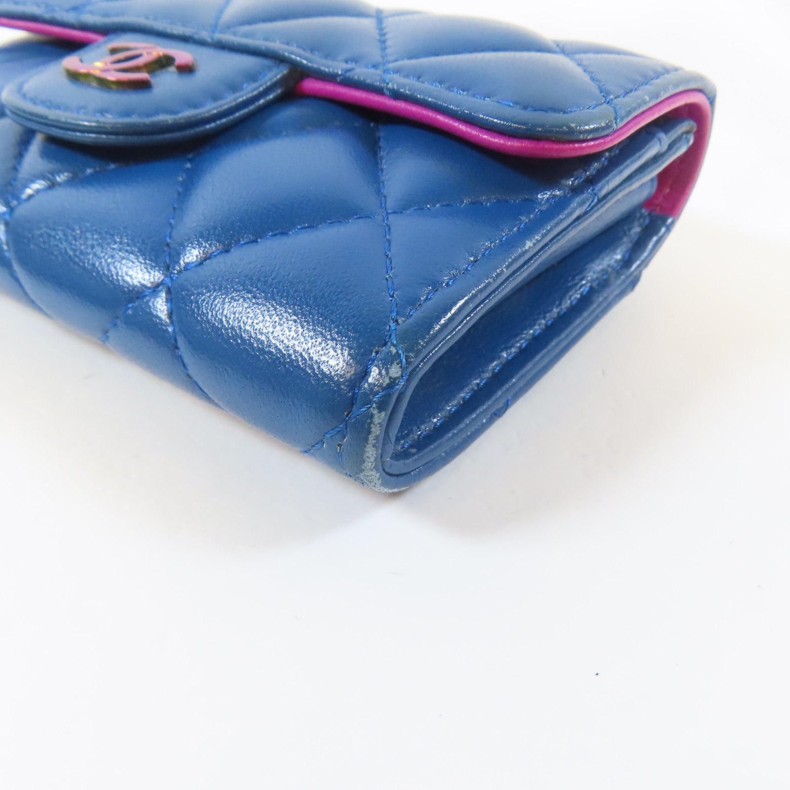 CHANEL 菱格羊皮皮革Card Case金扣卡片套藍色/紫色