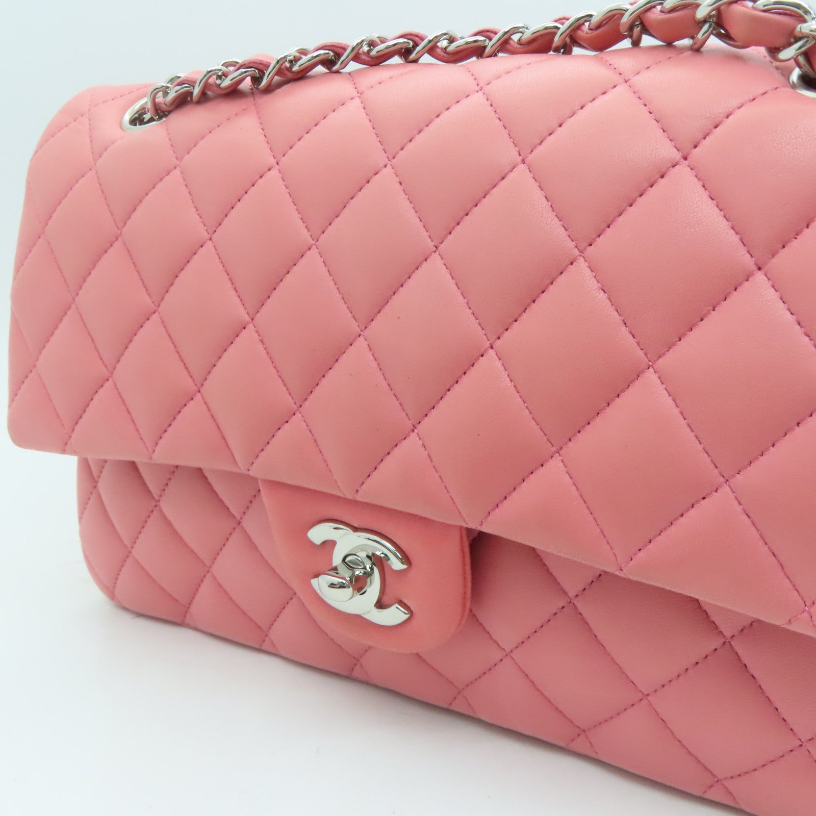 CHANEL 菱格羊皮皮革Classic 25㎝銀扣肩背袋粉紅色