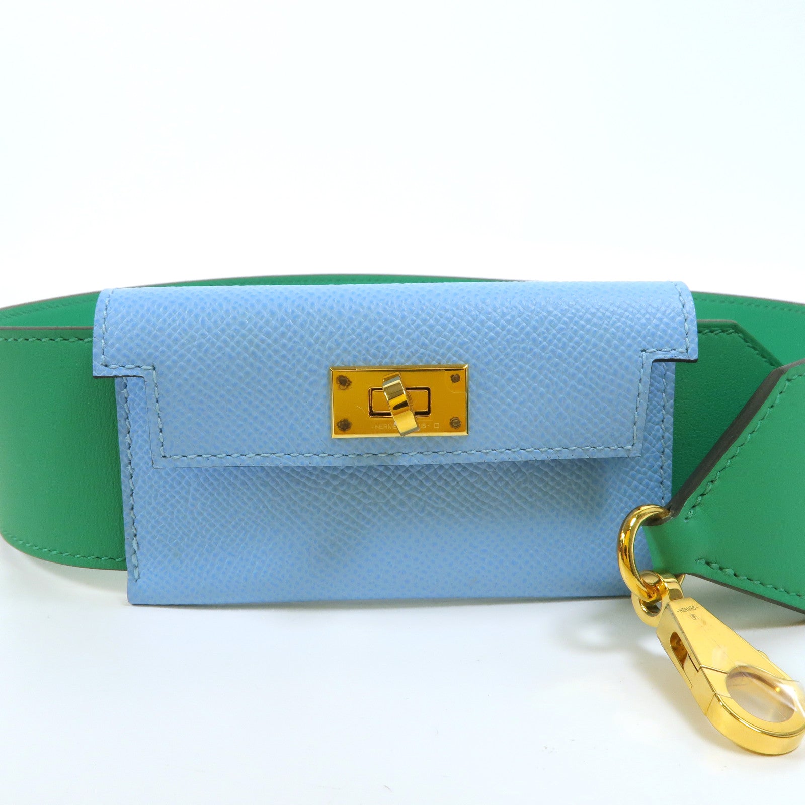 HERMES Swift/Epsom皮革Kelly Pocket Bag Charm肩背帶Bambou/Celeste