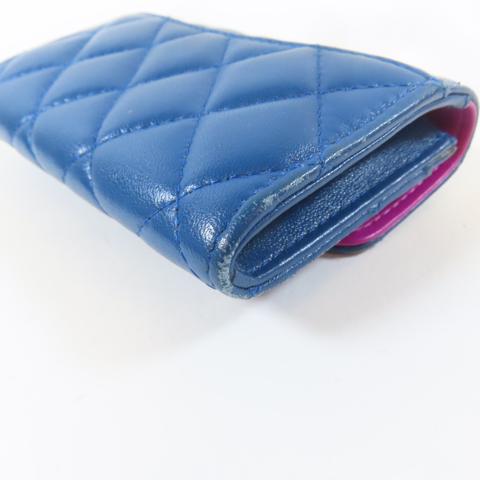 CHANEL 菱格羊皮皮革Card Case金扣卡片套藍色/紫色