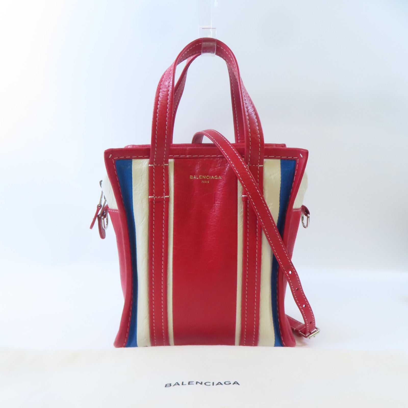 BALENCIAGA 牛皮皮革Bazar Bag銀扣手挽肩背兩用袋紅色/白色/藍色