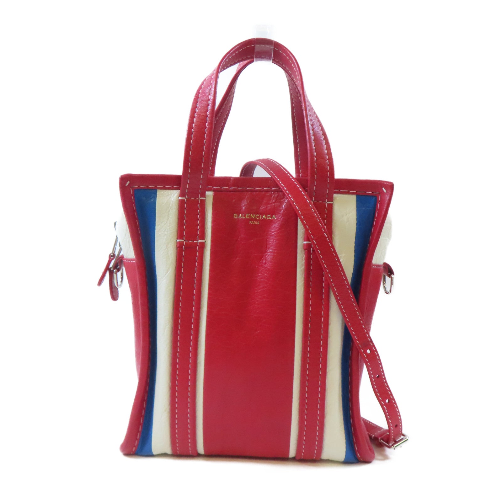 BALENCIAGA 牛皮皮革Bazar Bag銀扣手挽肩背兩用袋紅色/白色/藍色