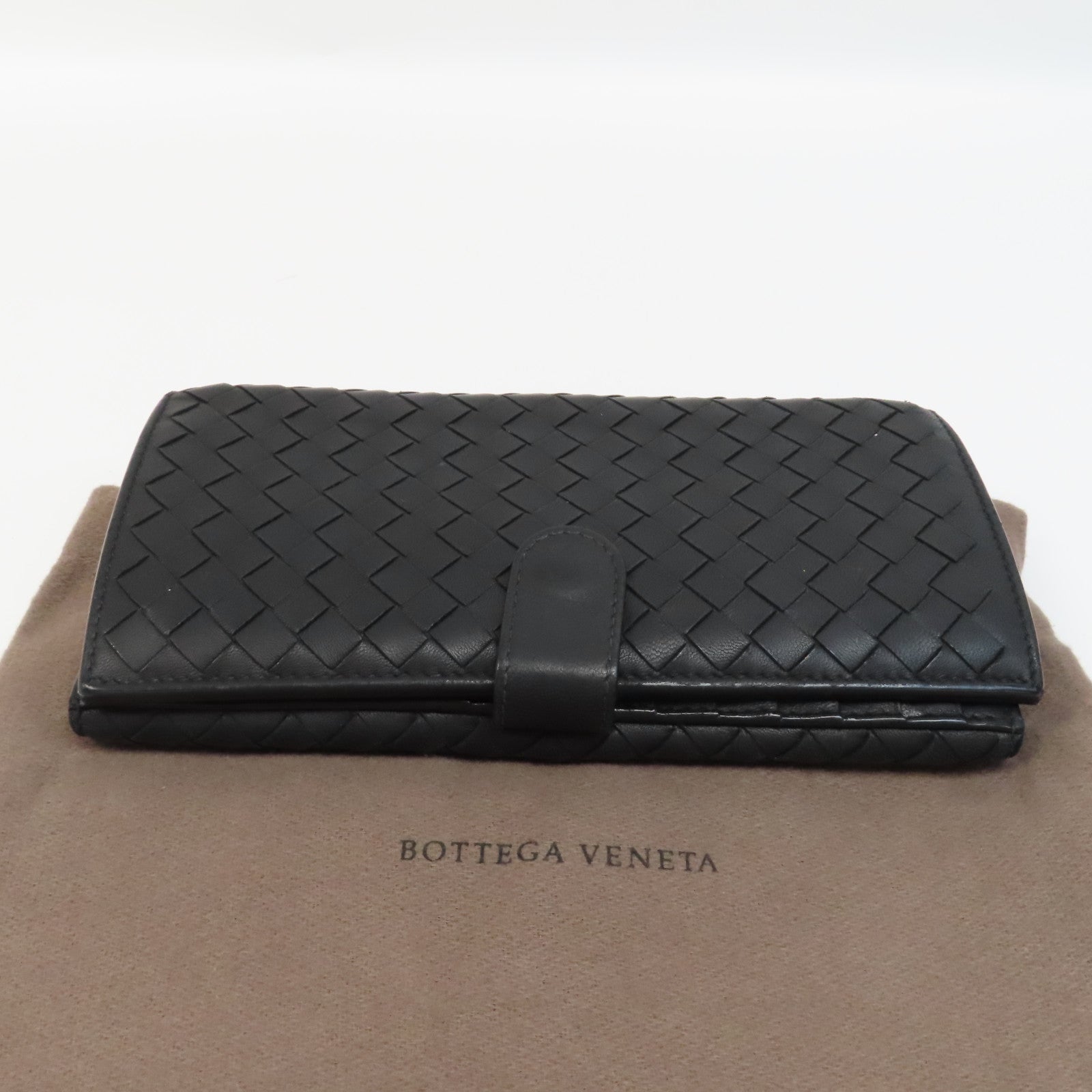 BOTTEGA VENETA 織紋羊皮皮革Long Wallet金扣長錢包黑色