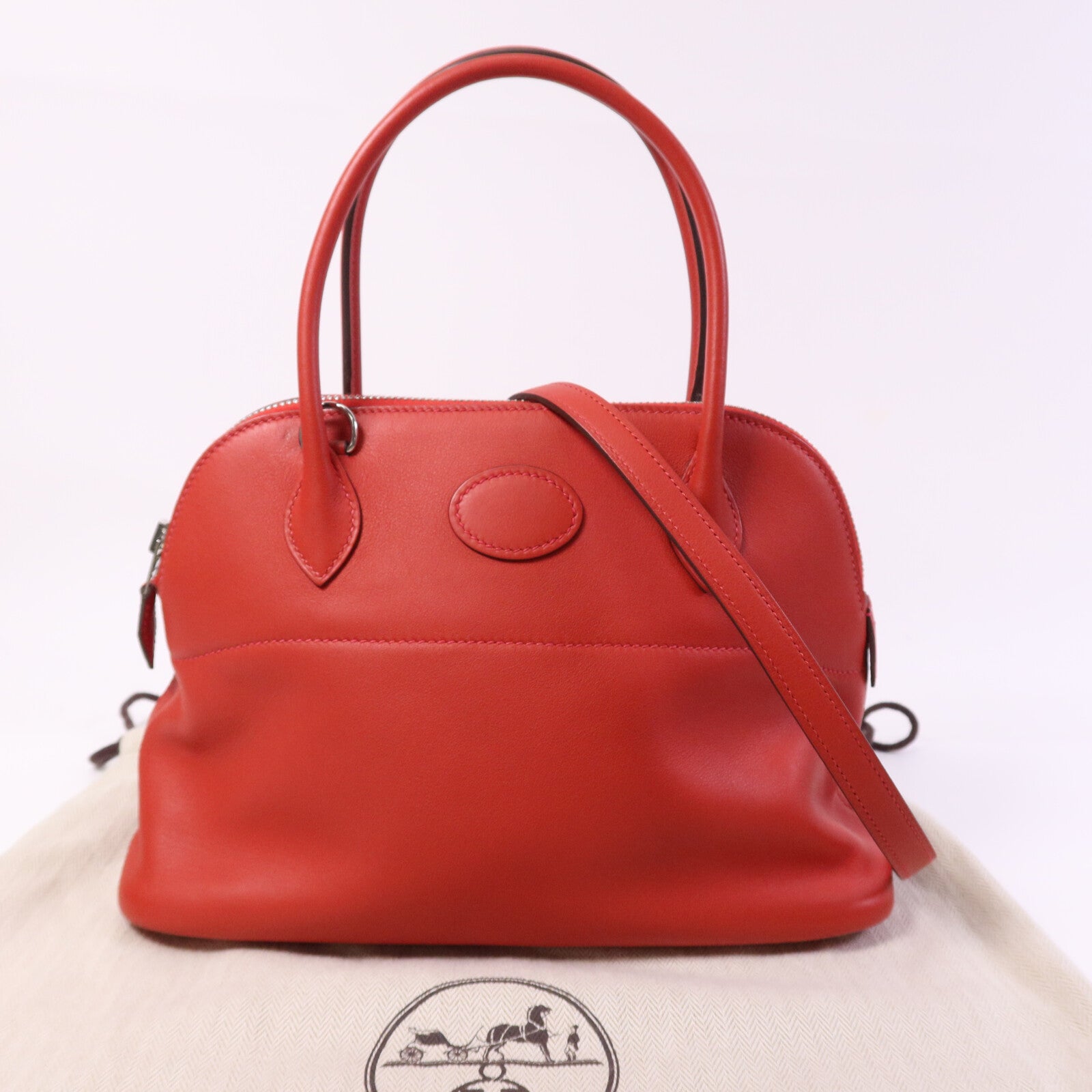 HERMES Swift皮革Bolide 27銀扣手挽肩背兩用袋Rouge Tomate