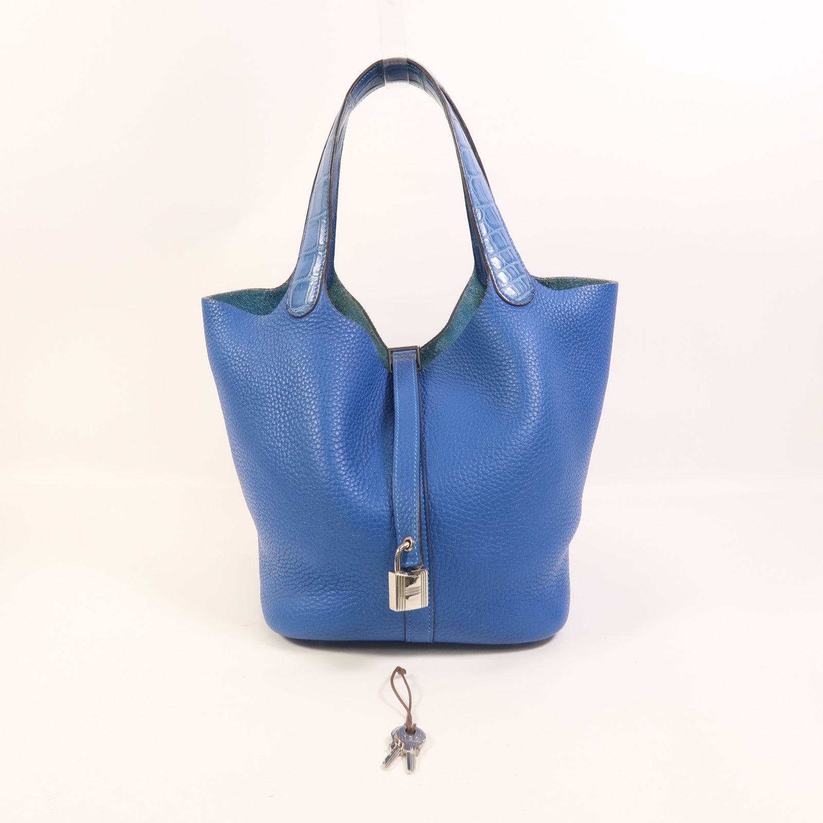 HERMES 鱷魚皮革/Clemence皮革Picotin MM Touch銀扣手挽袋Bleu Hydra