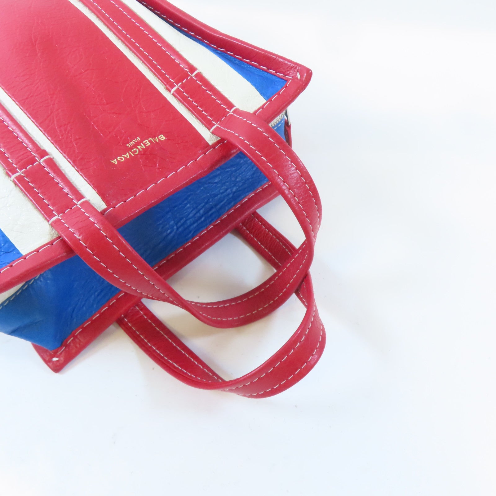 BALENCIAGA 牛皮皮革Bazar Bag銀扣手挽肩背兩用袋紅色/白色/藍色