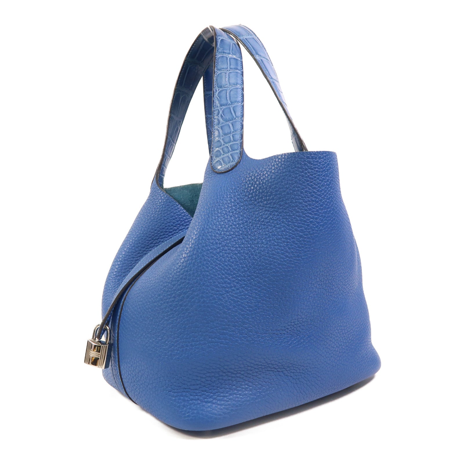 HERMES 鱷魚皮革/Clemence皮革Picotin MM Touch銀扣手挽袋Bleu Hydra