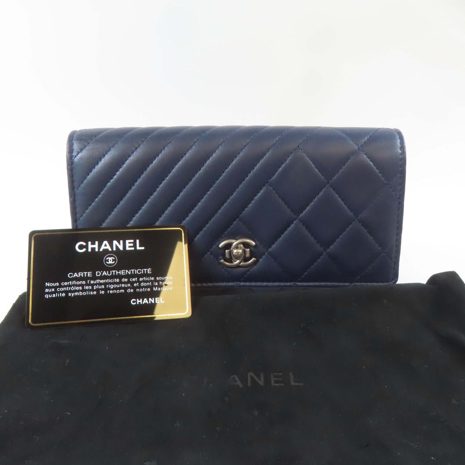 CHANEL 菱格/斜紋羊皮皮革Long Wallet銀扣長錢包藍色