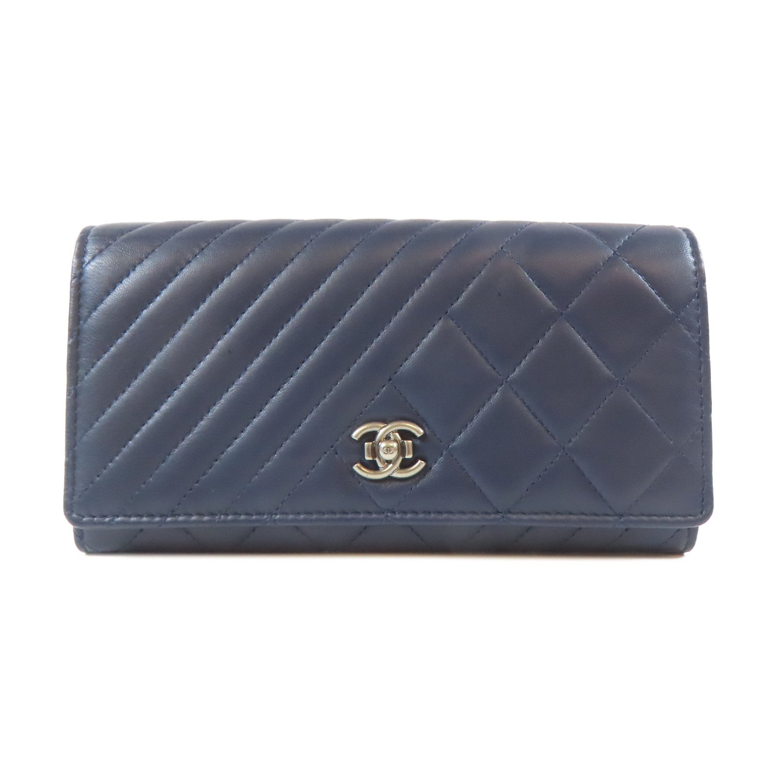 CHANEL 菱格/斜紋羊皮皮革Long Wallet銀扣長錢包藍色
