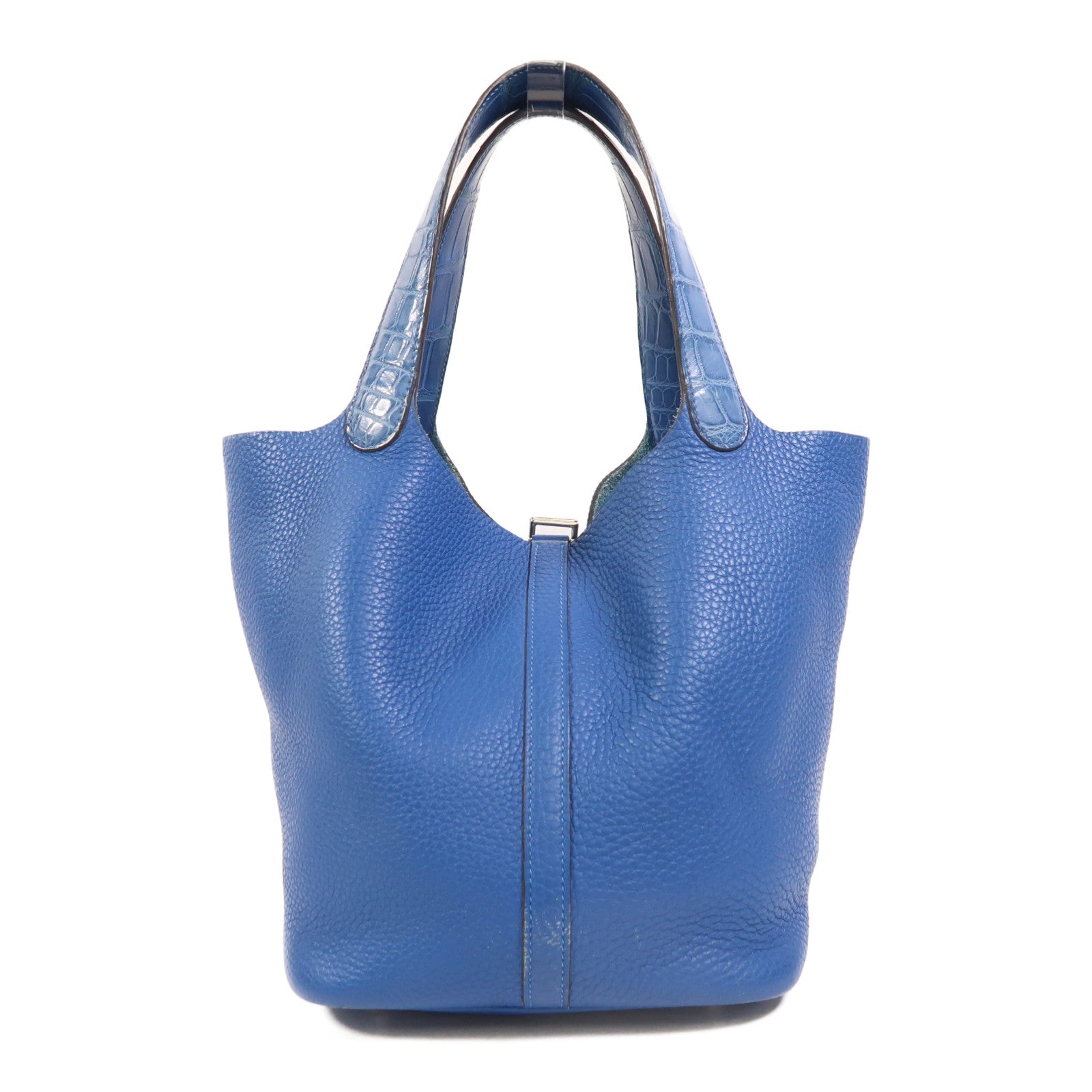 HERMES 鱷魚皮革/Clemence皮革Picotin MM Touch銀扣手挽袋Bleu Hydra