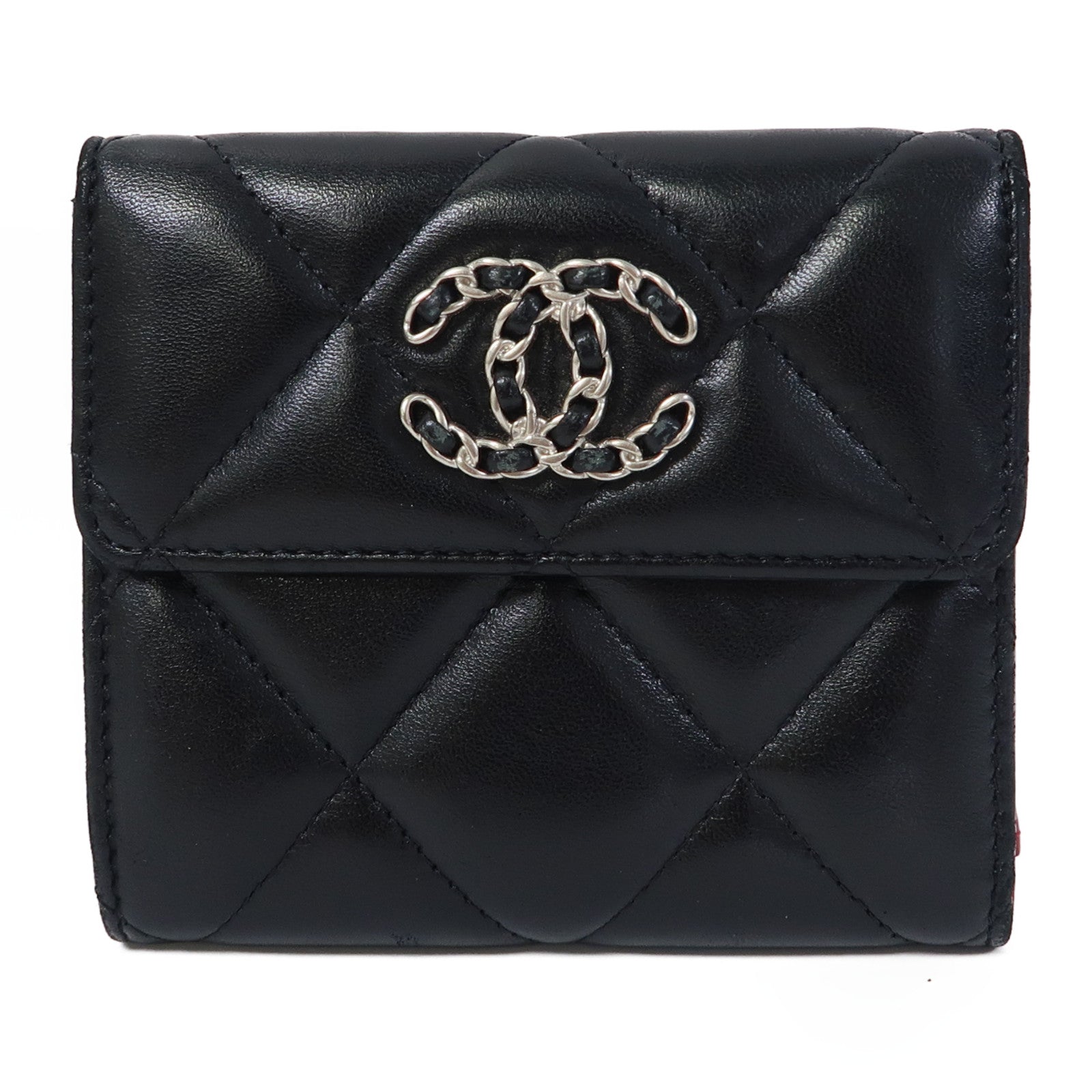 CHANEL 菱格羊皮皮革Chanel 19 Wallet銀扣錢包黑色