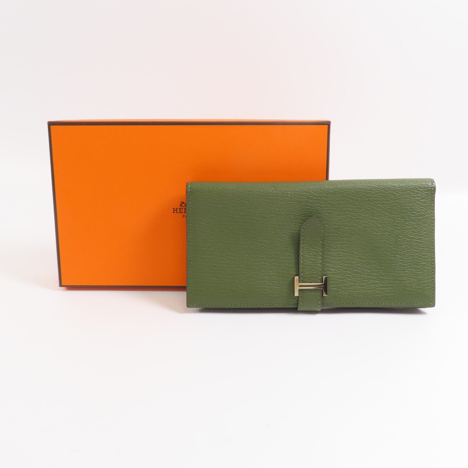 HERMES Chevre皮革Bearn Long Wallet銀扣長錢包Green