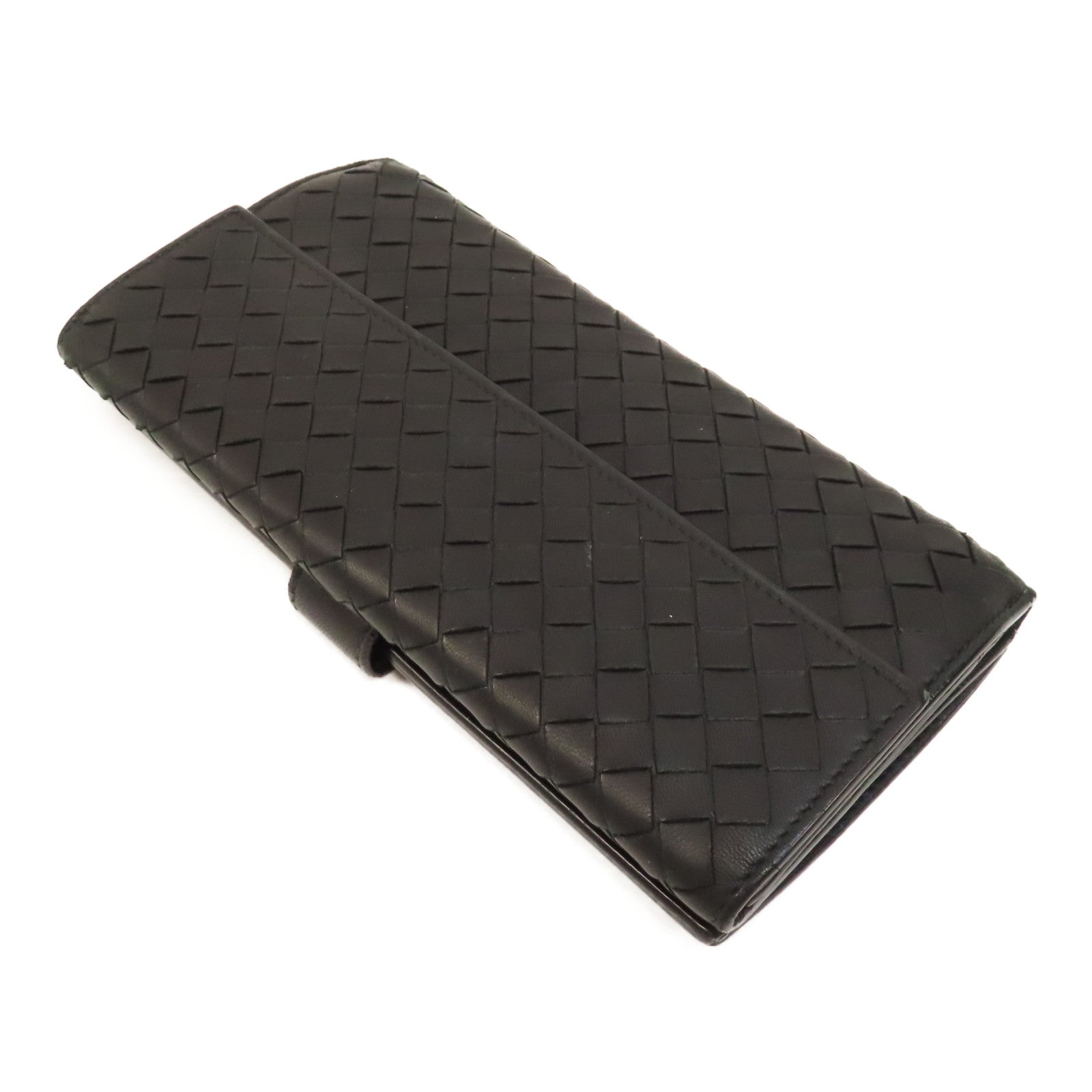BOTTEGA VENETA 織紋羊皮皮革Long Wallet金扣長錢包黑色