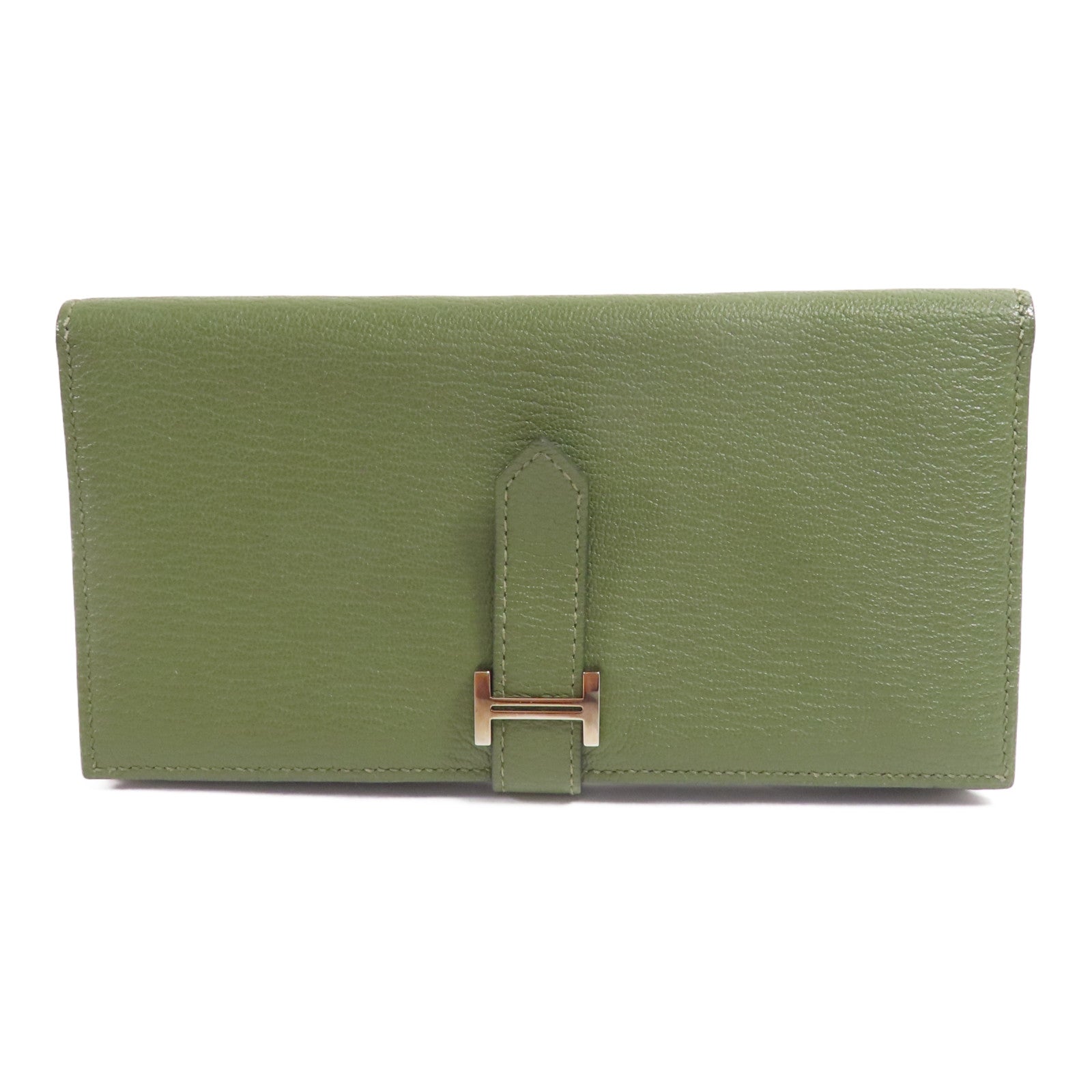 HERMES Chevre皮革Bearn Long Wallet銀扣長錢包Green