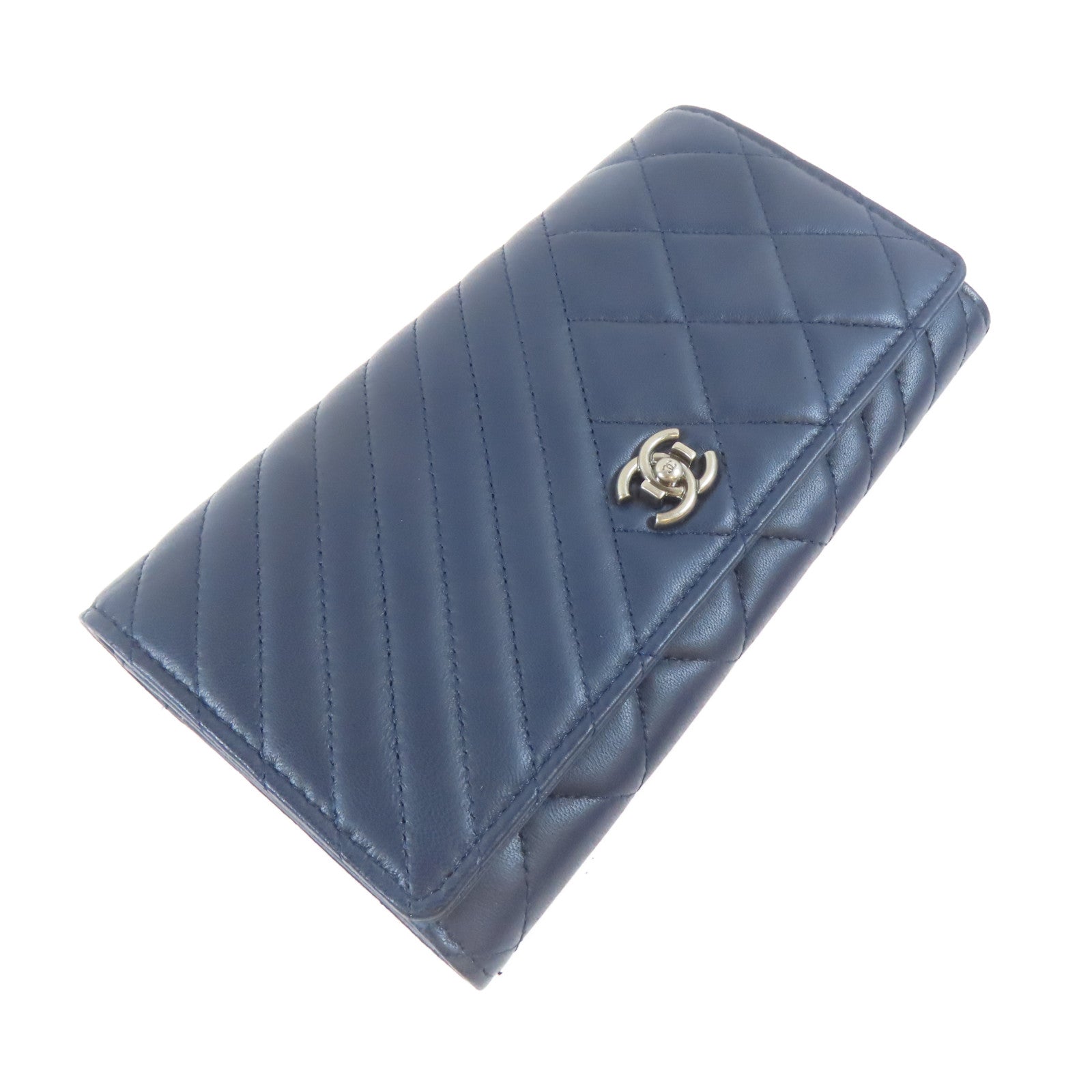 CHANEL 菱格/斜紋羊皮皮革Long Wallet銀扣長錢包藍色