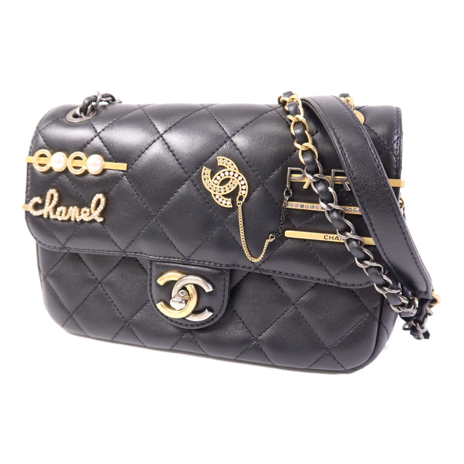 CHANEL 羊皮皮革Pearl Hairpin Badge鏈帶肩背袋