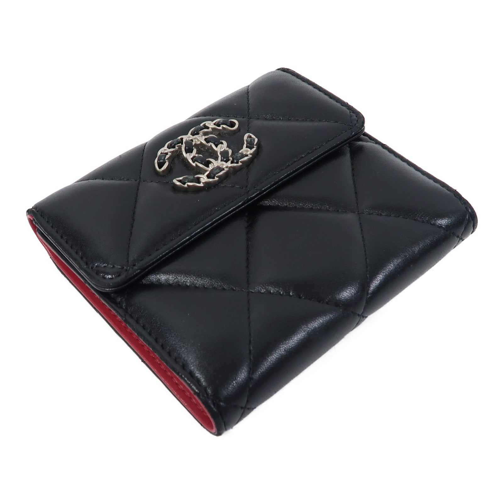 CHANEL 菱格羊皮皮革Chanel 19 Wallet銀扣錢包黑色