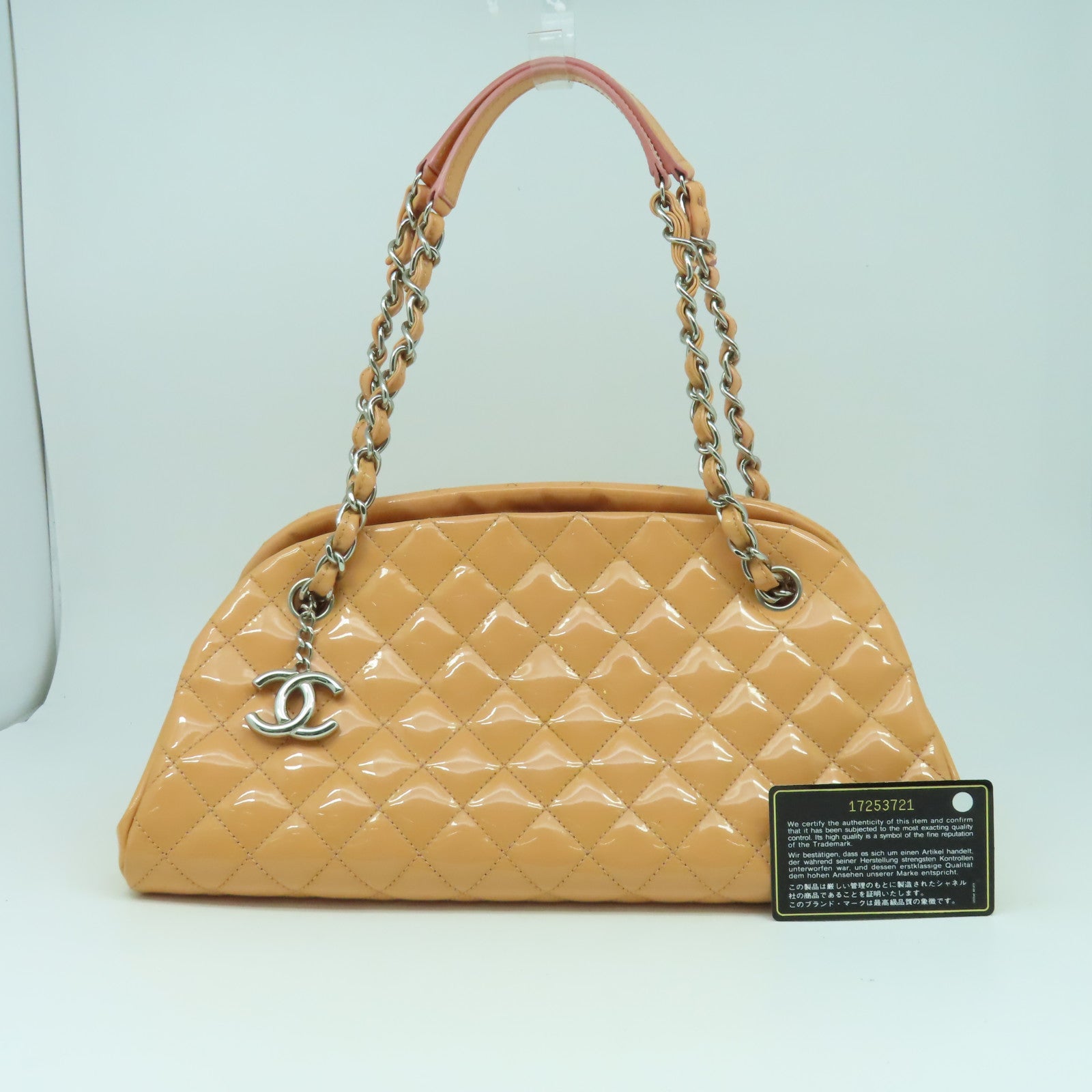 CHANEL 【清倉大減價】菱格漆皮皮革Chain Shoulder Bag銀扣鏈帶肩背袋橙色