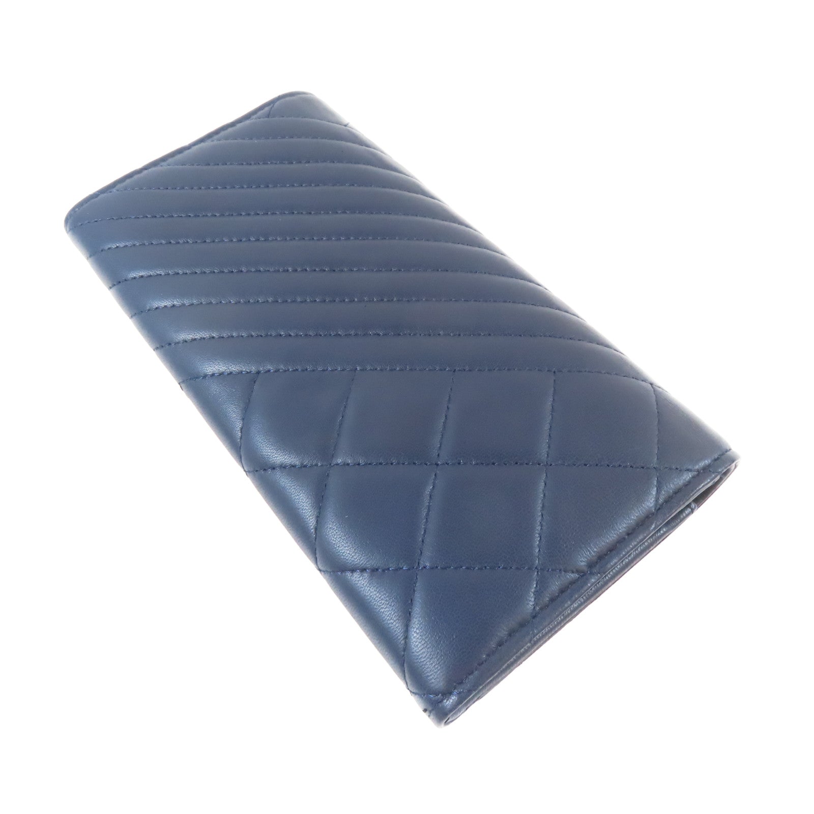 CHANEL 菱格/斜紋羊皮皮革Long Wallet銀扣長錢包藍色