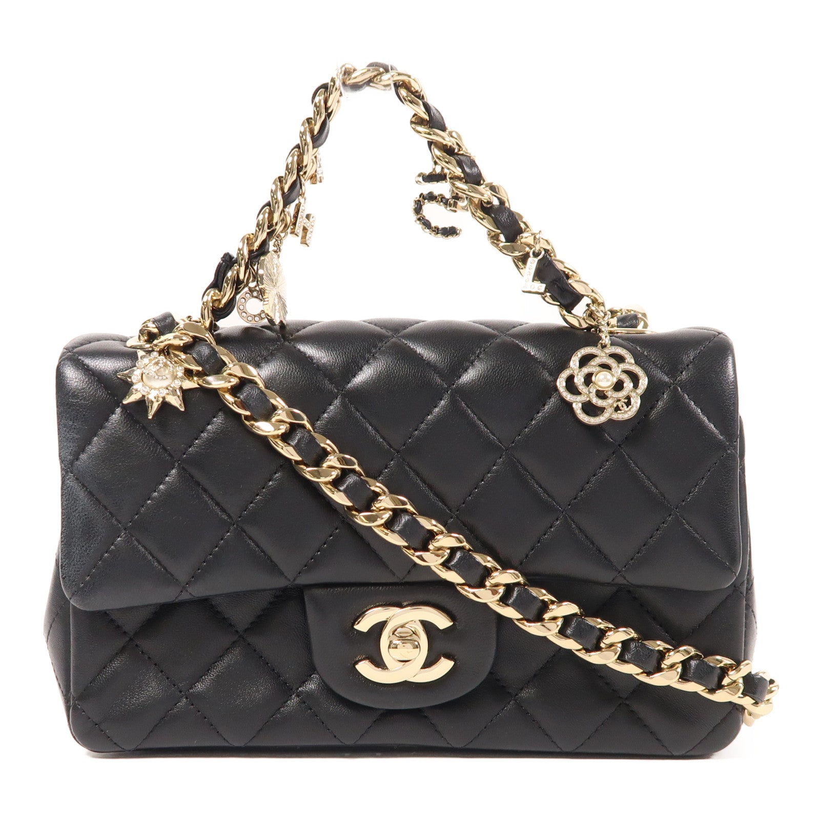 CHANEL 牛皮皮革Mini Coco Charms Flap Bag金扣鏈帶手挽肩背兩用袋
