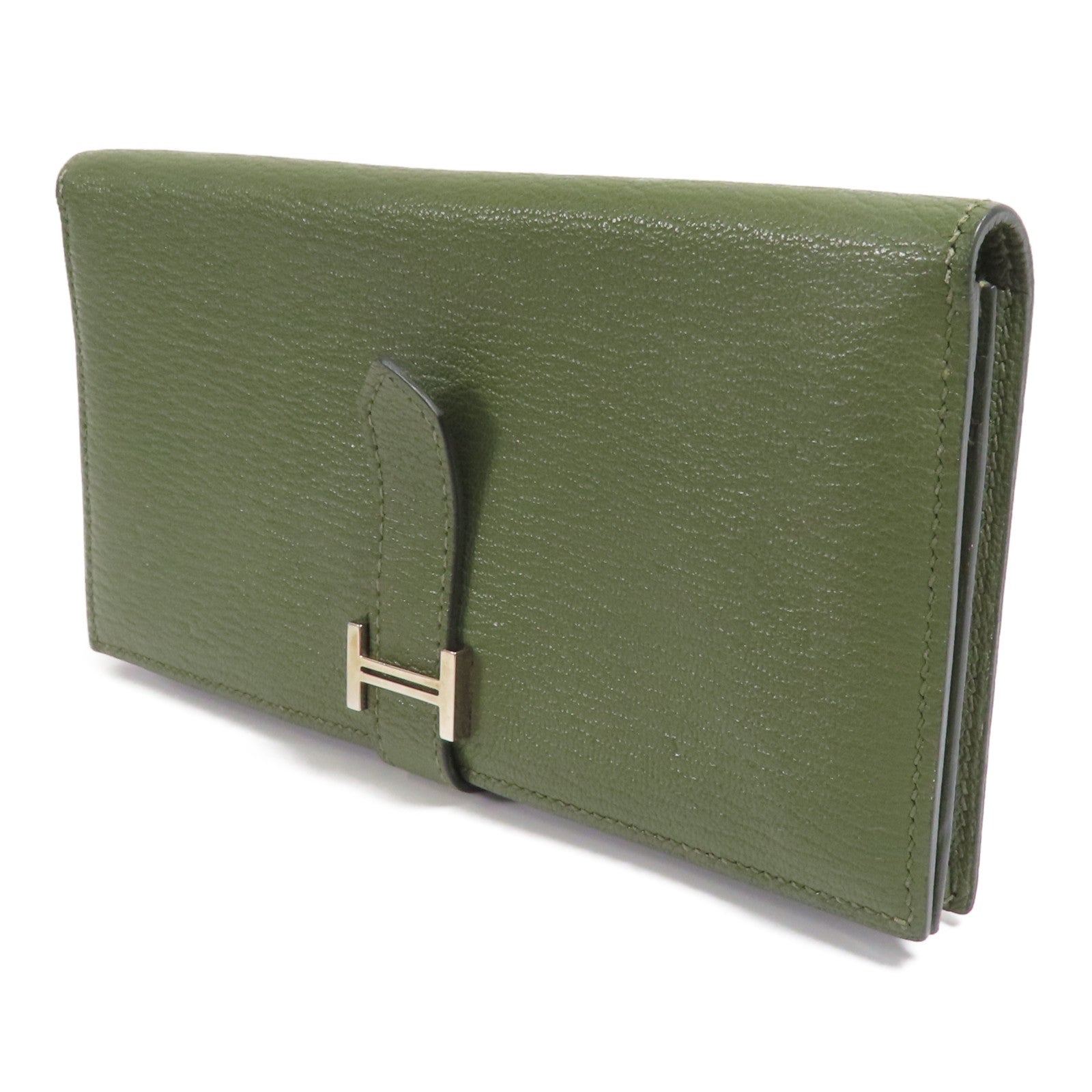 HERMES Chevre皮革Bearn Long Wallet銀扣長錢包Green