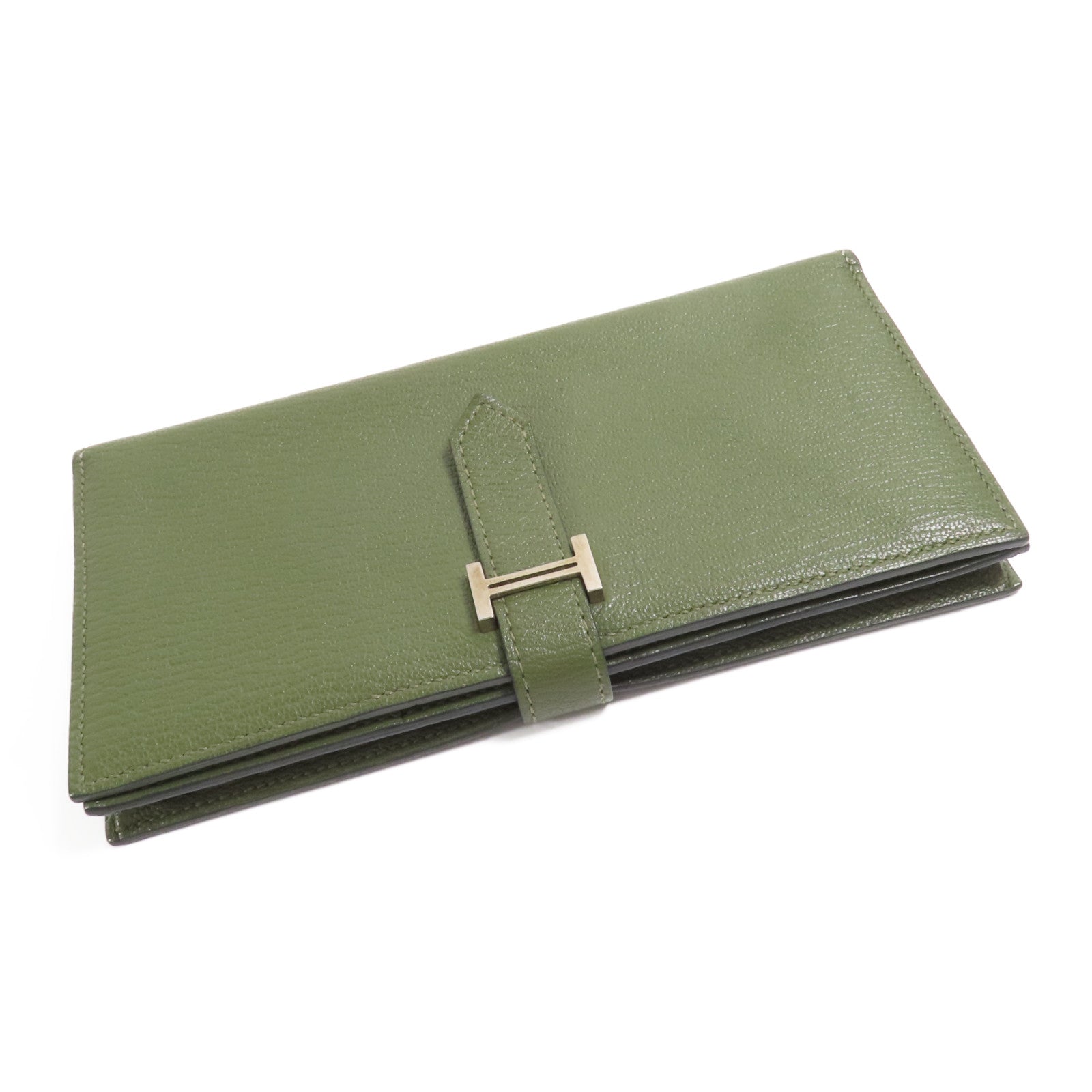HERMES Chevre皮革Bearn Long Wallet銀扣長錢包Green