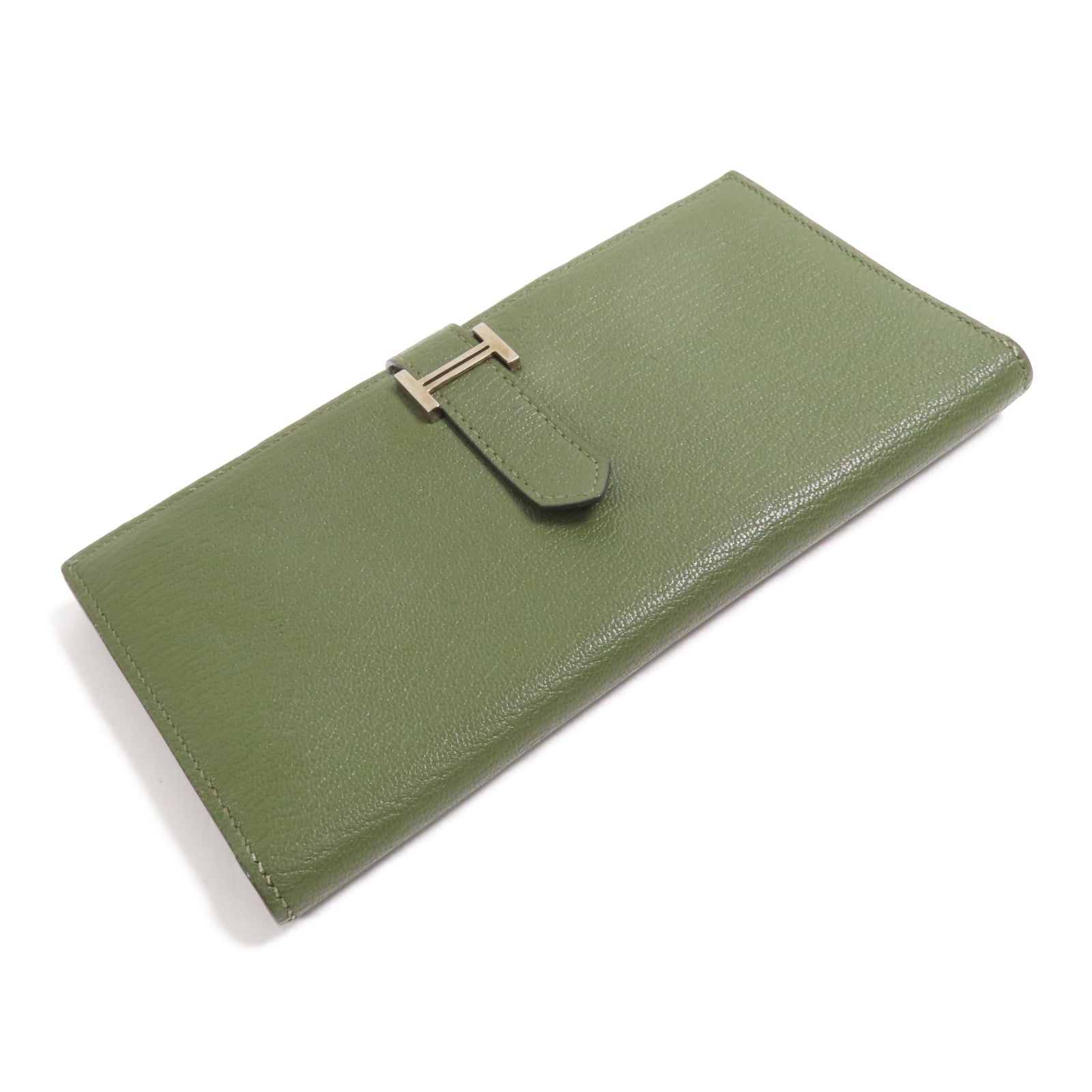 HERMES Chevre皮革Bearn Long Wallet銀扣長錢包Green