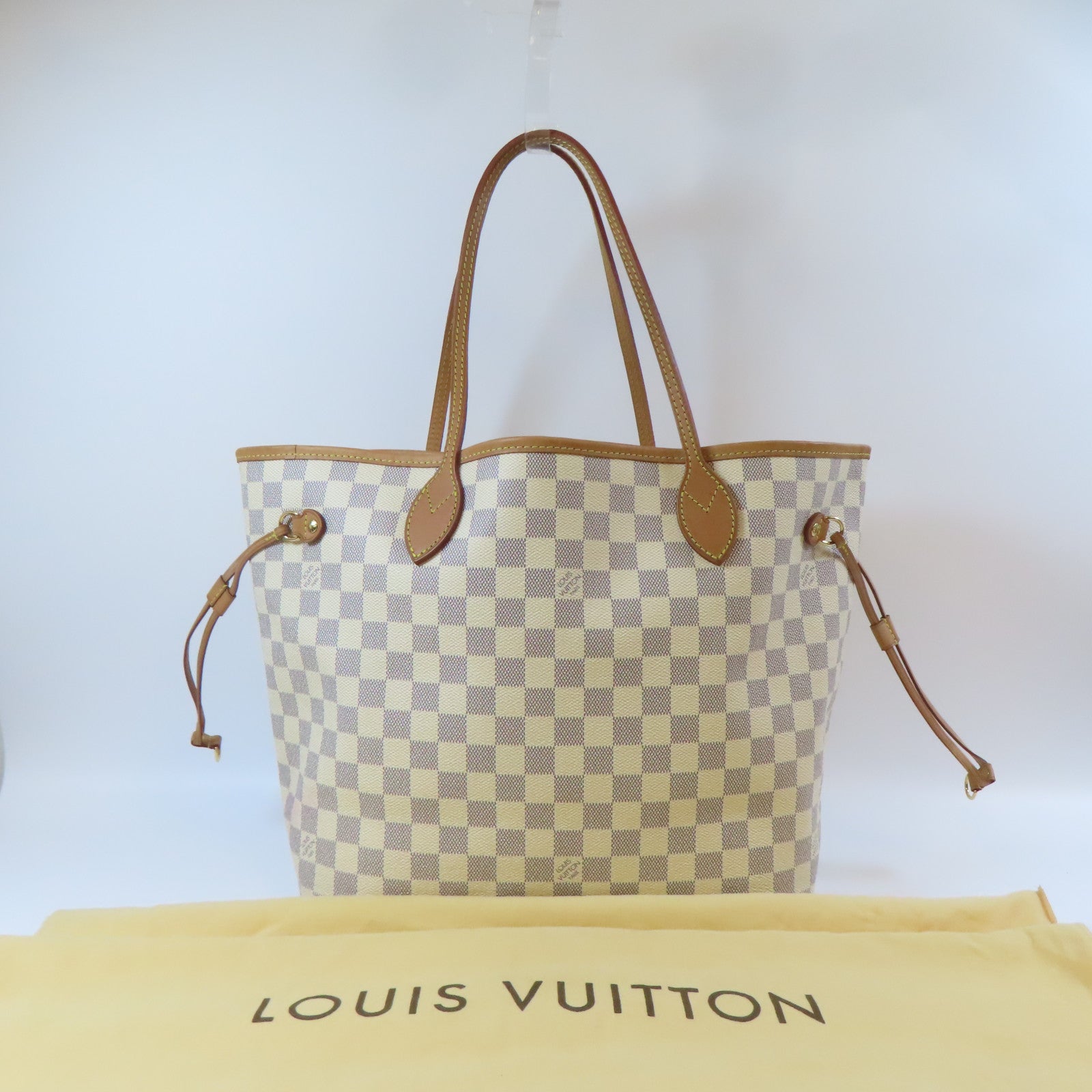 LOUIS VUITTON Damier Azur Neverfull MM金扣肩背袋白色