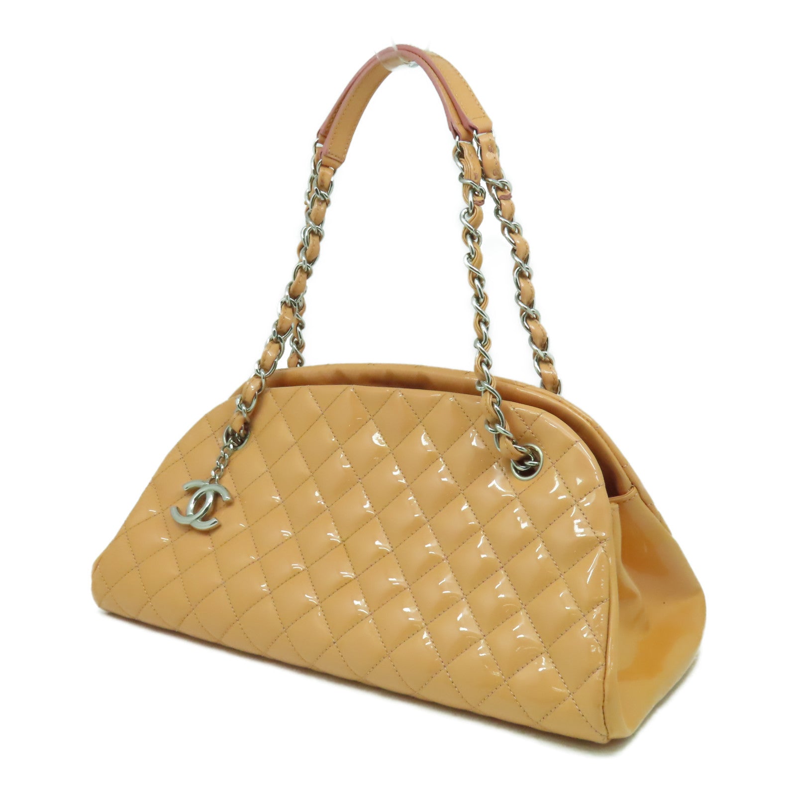 CHANEL 【清倉大減價】菱格漆皮皮革Chain Shoulder Bag銀扣鏈帶肩背袋橙色