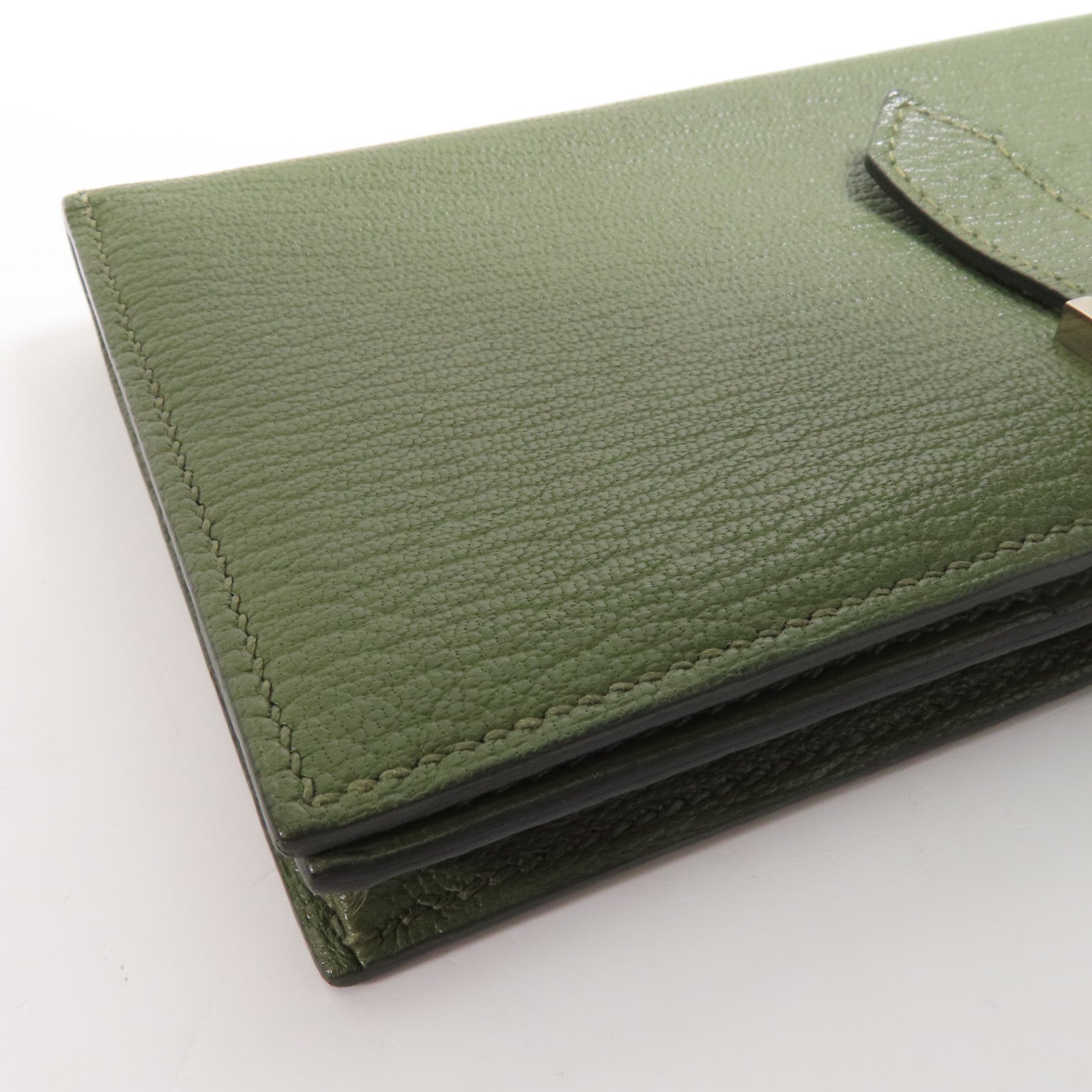 HERMES Chevre皮革Bearn Long Wallet銀扣長錢包Green