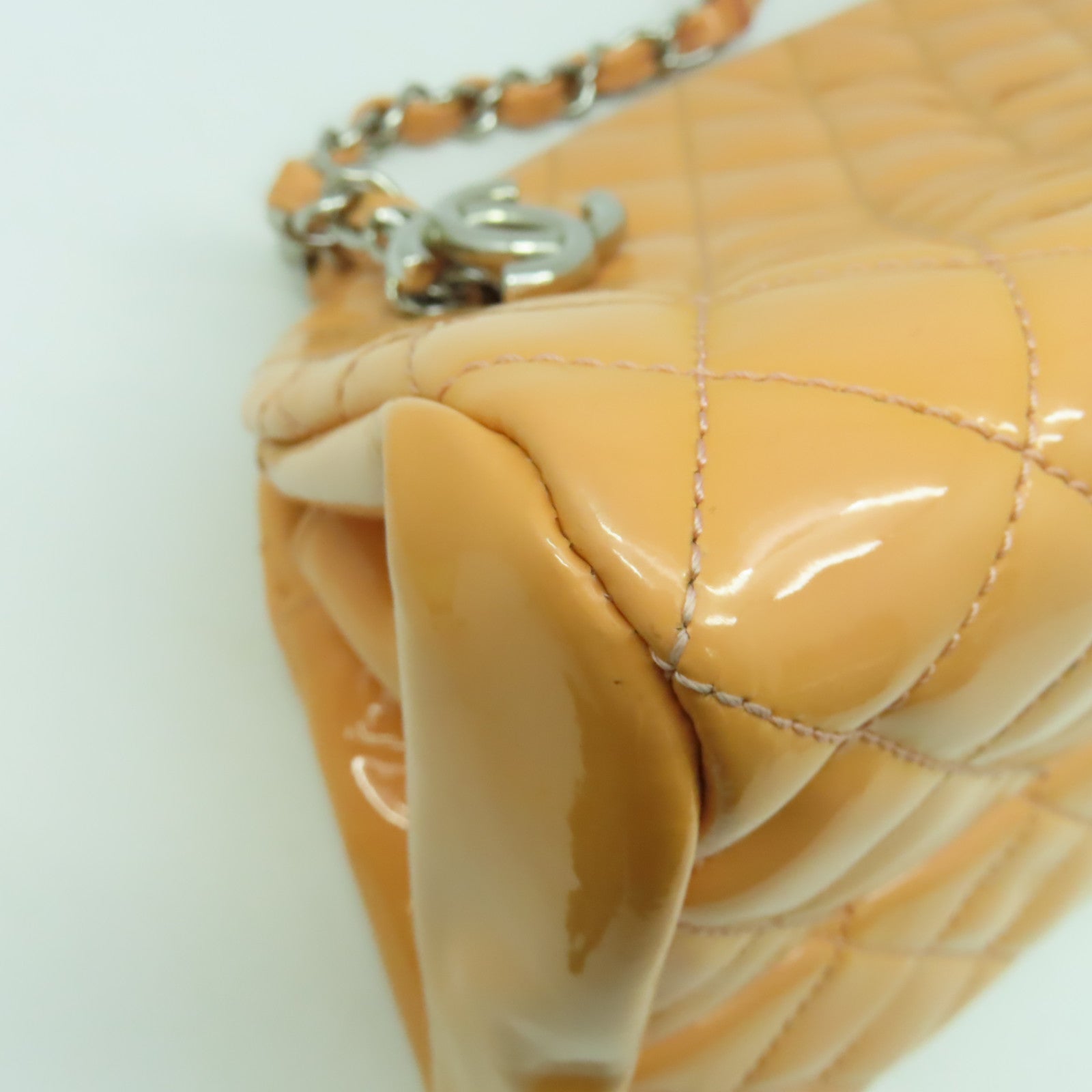 CHANEL 【清倉大減價】菱格漆皮皮革Chain Shoulder Bag銀扣鏈帶肩背袋橙色