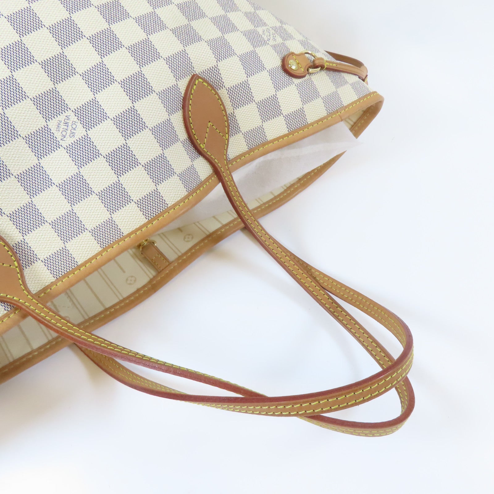 LOUIS VUITTON Damier Azur Neverfull MM金扣肩背袋白色
