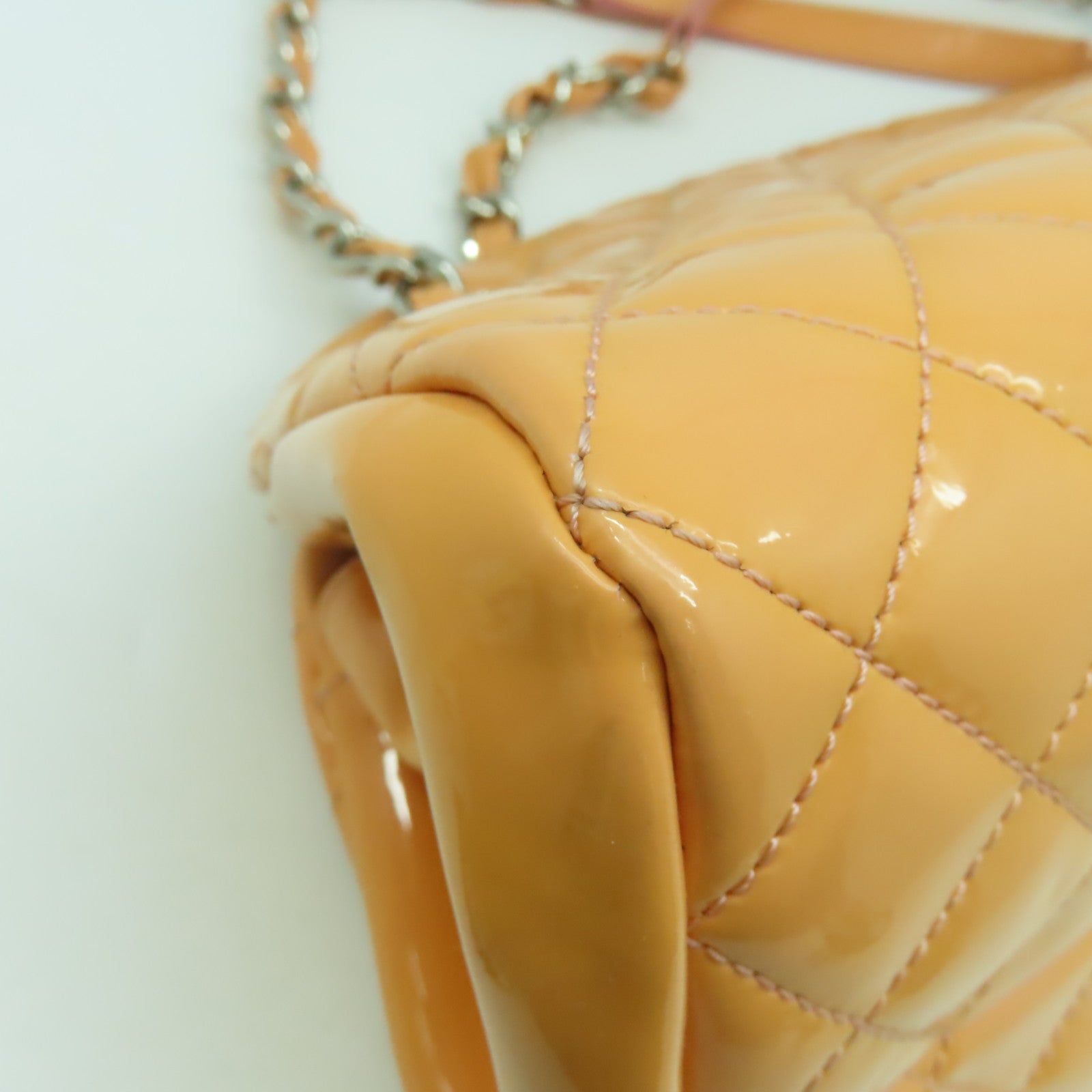 CHANEL 【清倉大減價】菱格漆皮皮革Chain Shoulder Bag銀扣鏈帶肩背袋橙色
