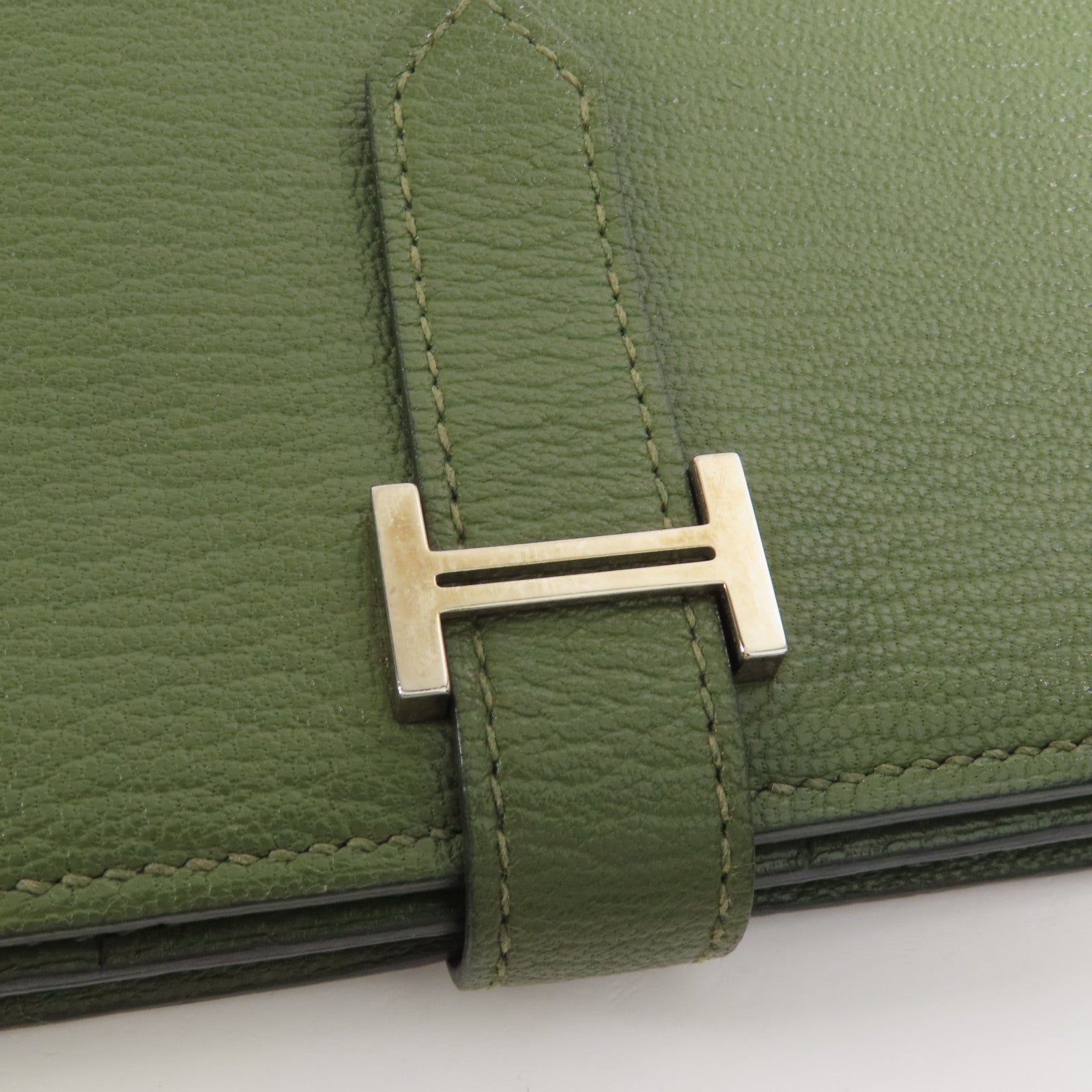 HERMES Chevre皮革Bearn Long Wallet銀扣長錢包Green