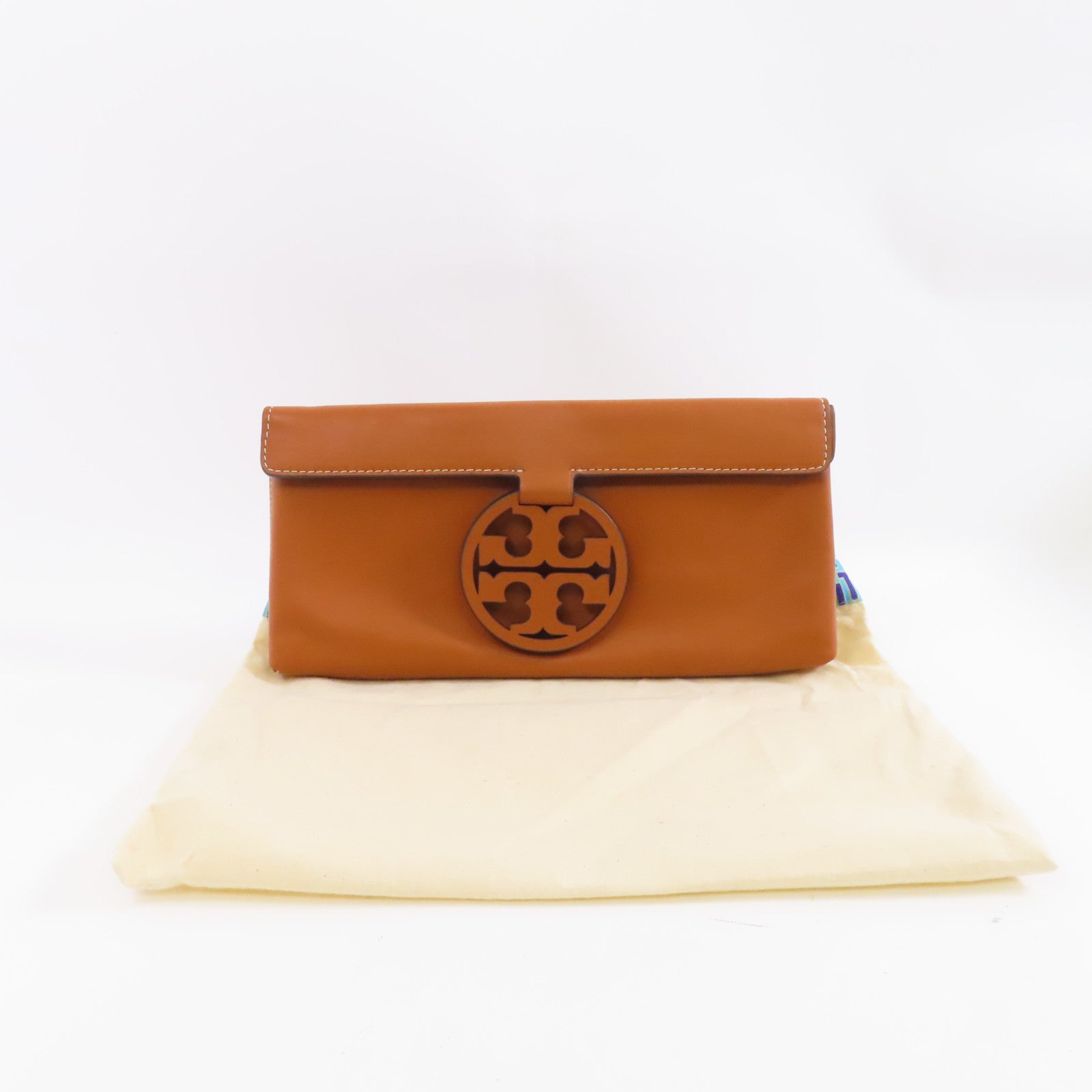 Tory Burch 牛皮皮革Clutch金扣手拿包啡色