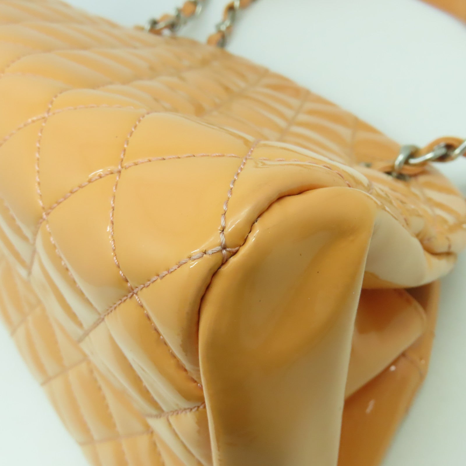 CHANEL 【清倉大減價】菱格漆皮皮革Chain Shoulder Bag銀扣鏈帶肩背袋橙色
