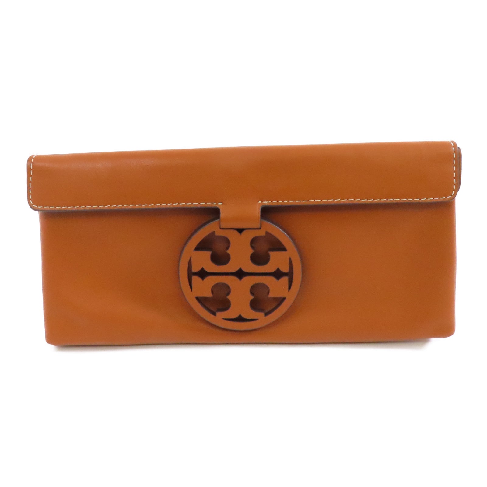 Tory Burch 牛皮皮革Clutch金扣手拿包啡色