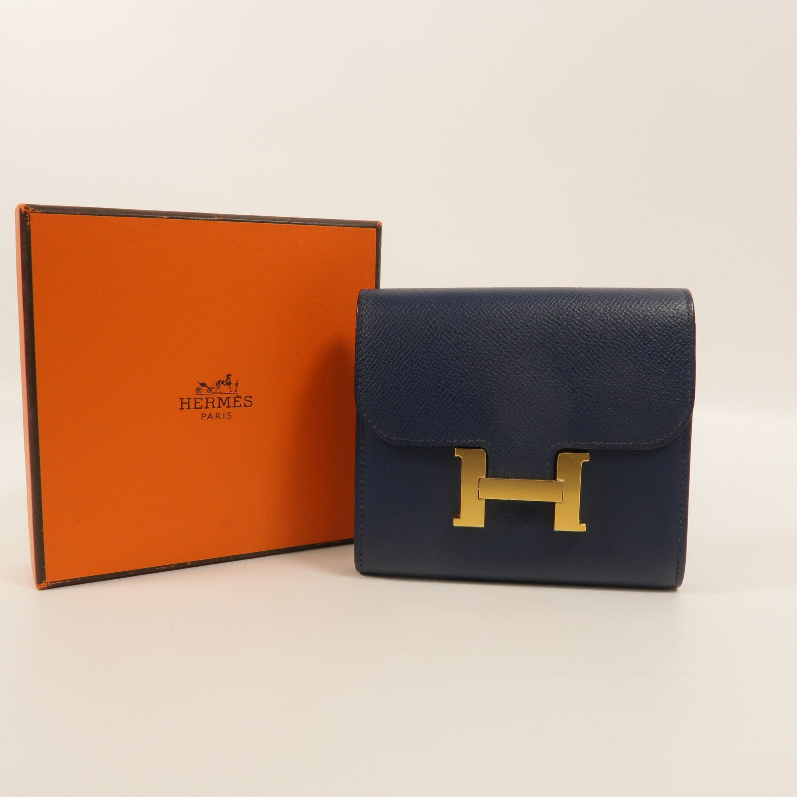 HERMES Epsom皮革Constance Compact Wallet錢包Bleu Saphir