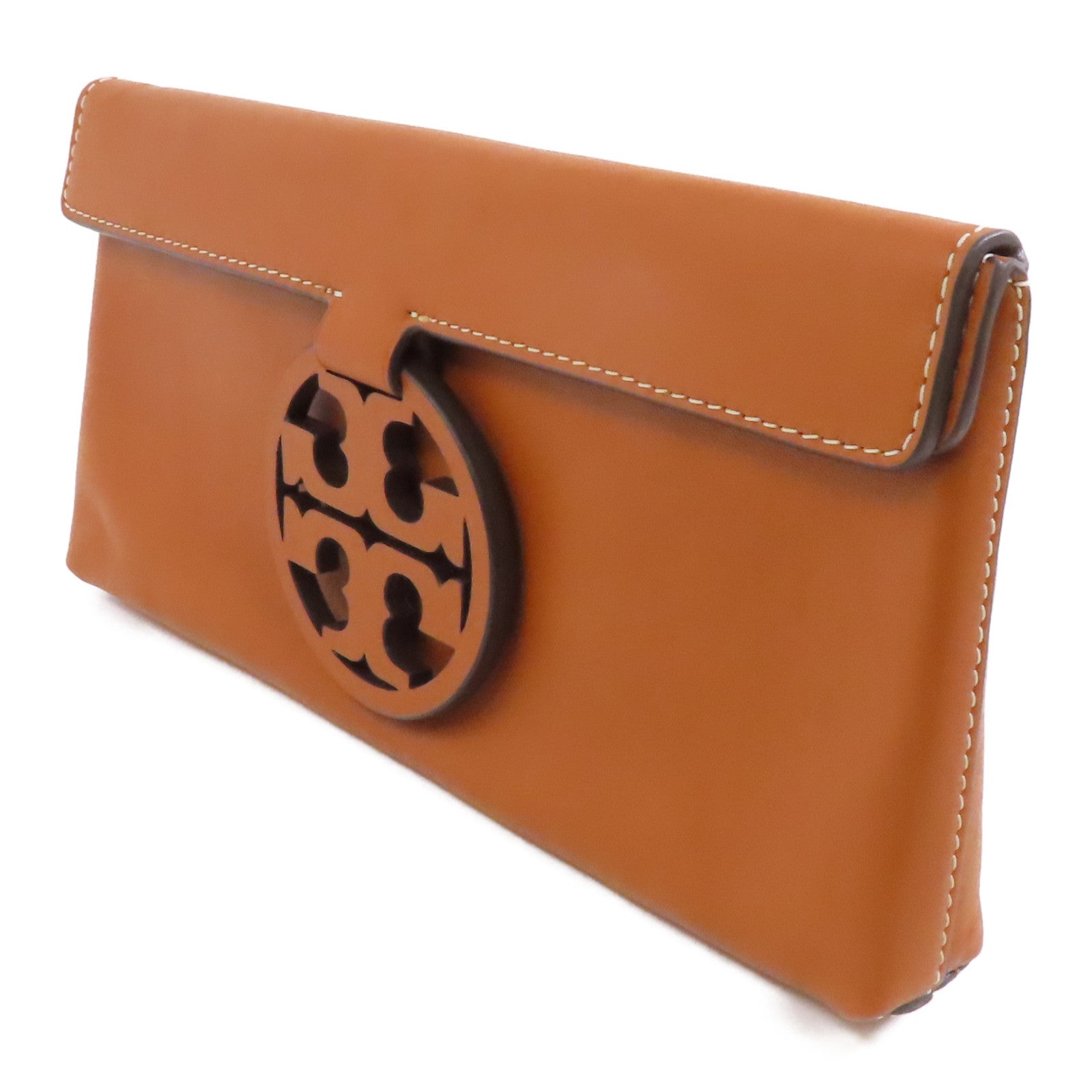 Tory Burch 牛皮皮革Clutch金扣手拿包啡色