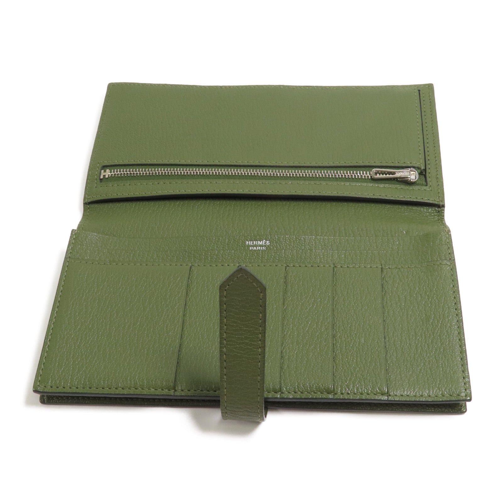 HERMES Chevre皮革Bearn Long Wallet銀扣長錢包Green