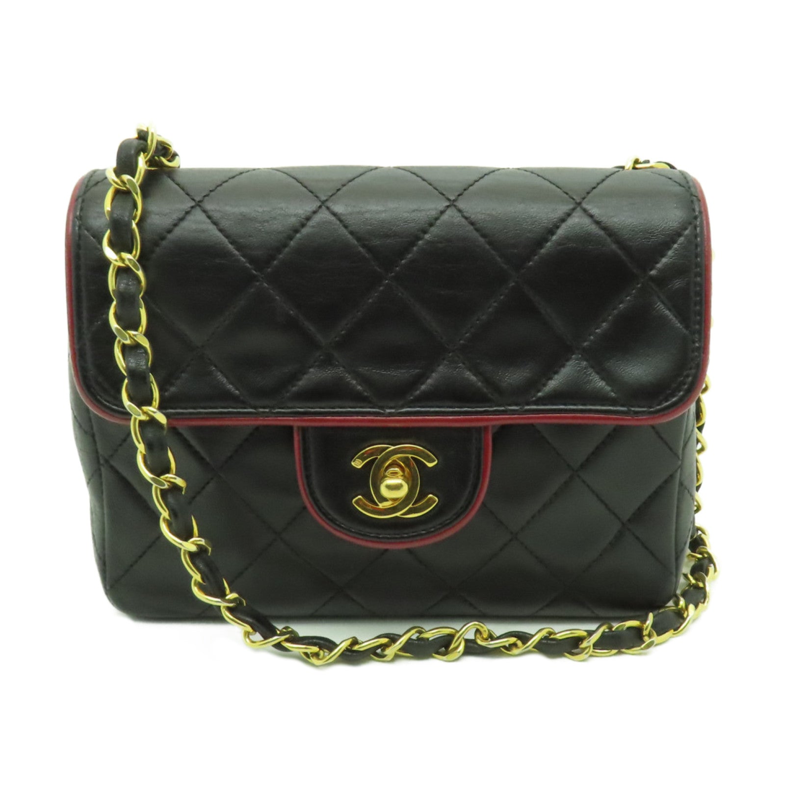 CHANEL 【清倉大減價】菱格羊皮皮革Classic Flap Mini金扣鏈帶肩背袋黑色/紅色