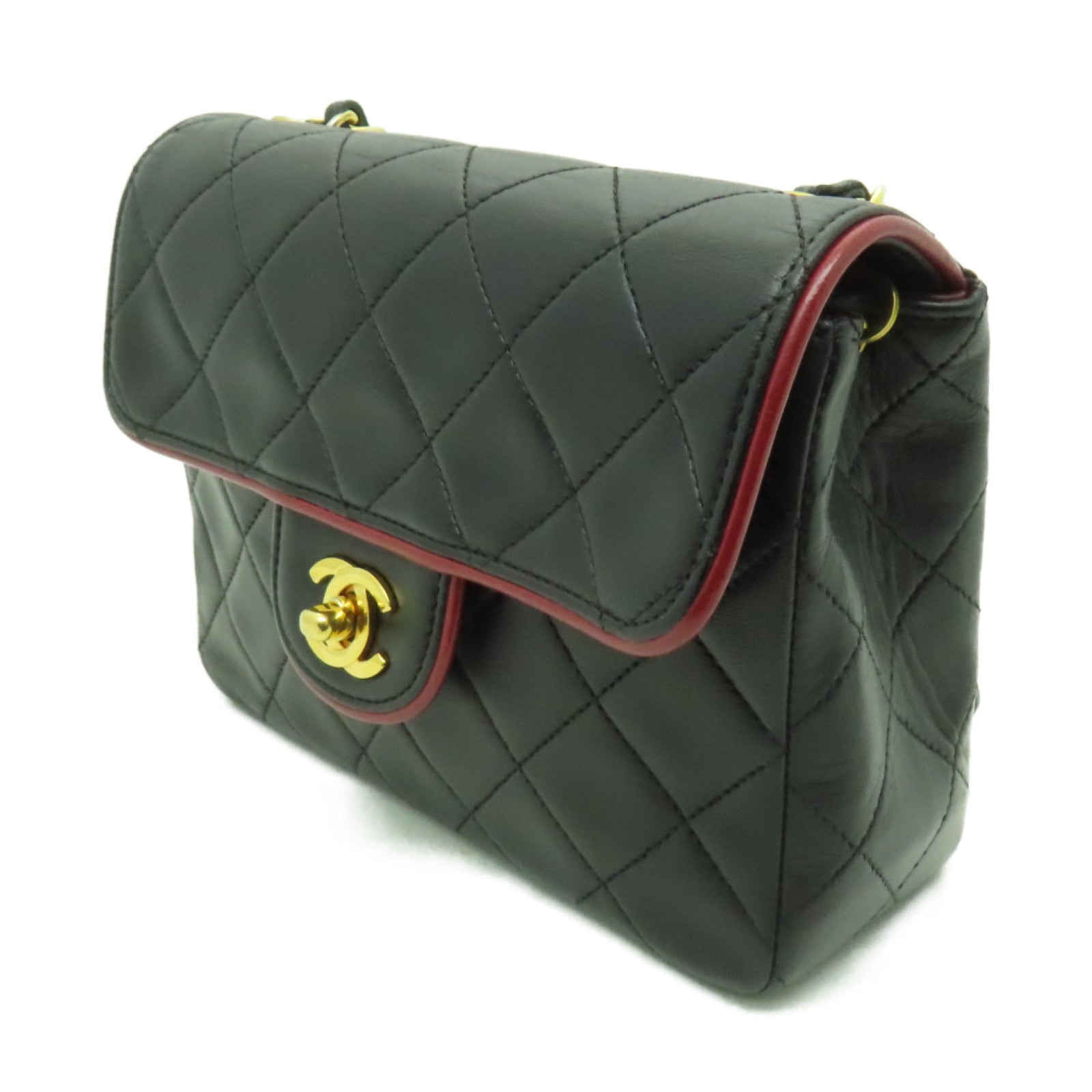 CHANEL 【清倉大減價】菱格羊皮皮革Classic Flap Mini金扣鏈帶肩背袋黑色/紅色
