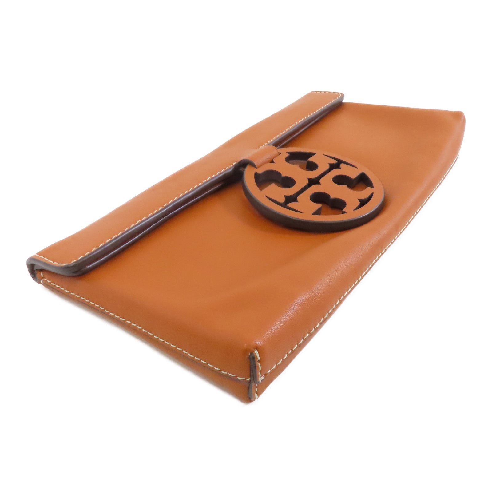 Tory Burch 牛皮皮革Clutch金扣手拿包啡色