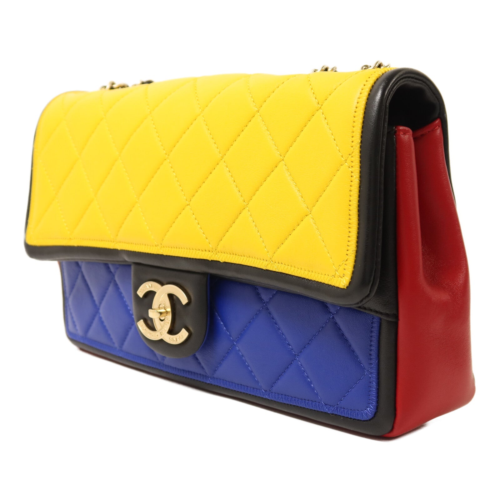 CHANEL 羊皮皮革Colorblock Medium Flap Bag金扣鏈帶肩背袋