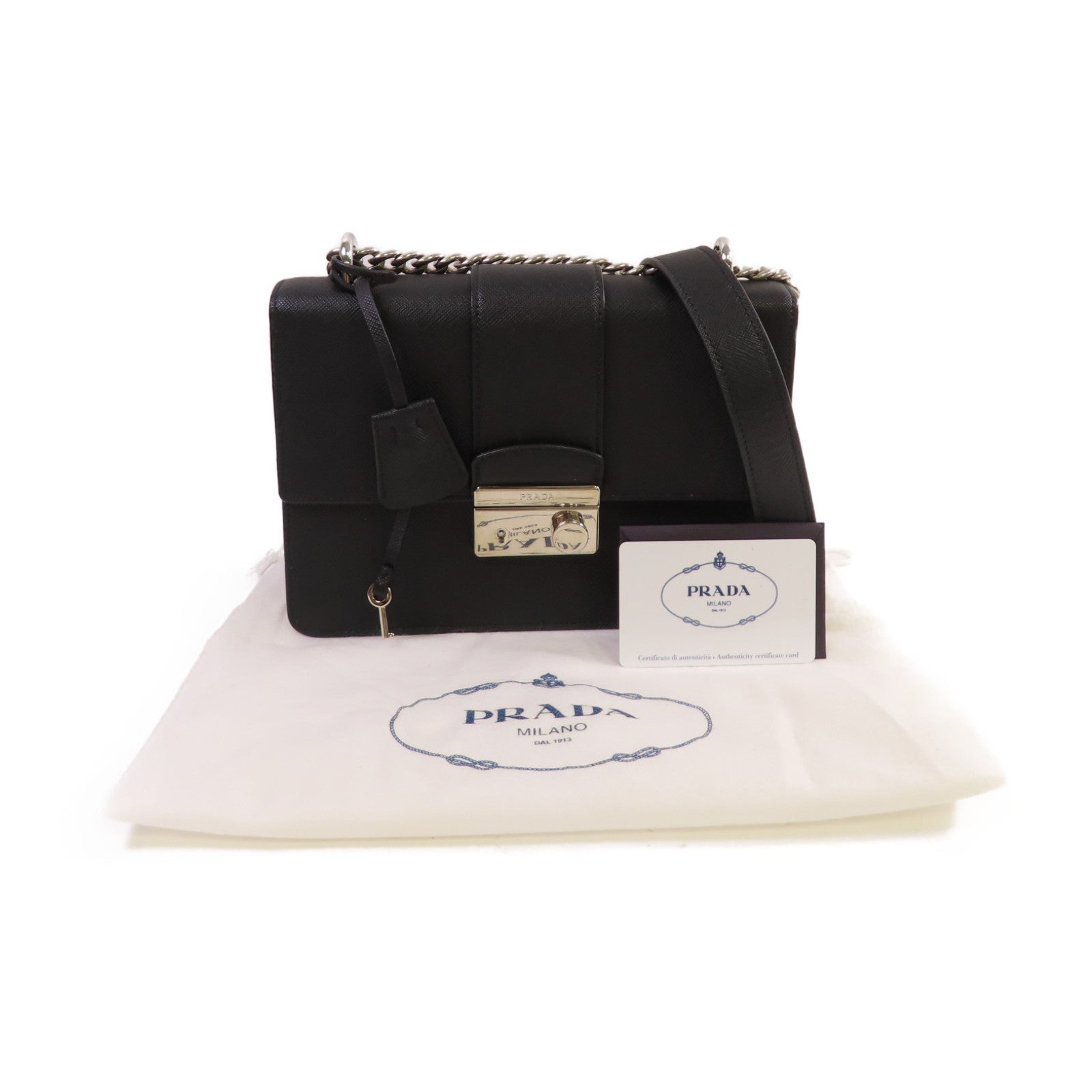 PRADA Saffiano皮革Chain Shoulder Bag銀扣鏈帶肩背袋黑色