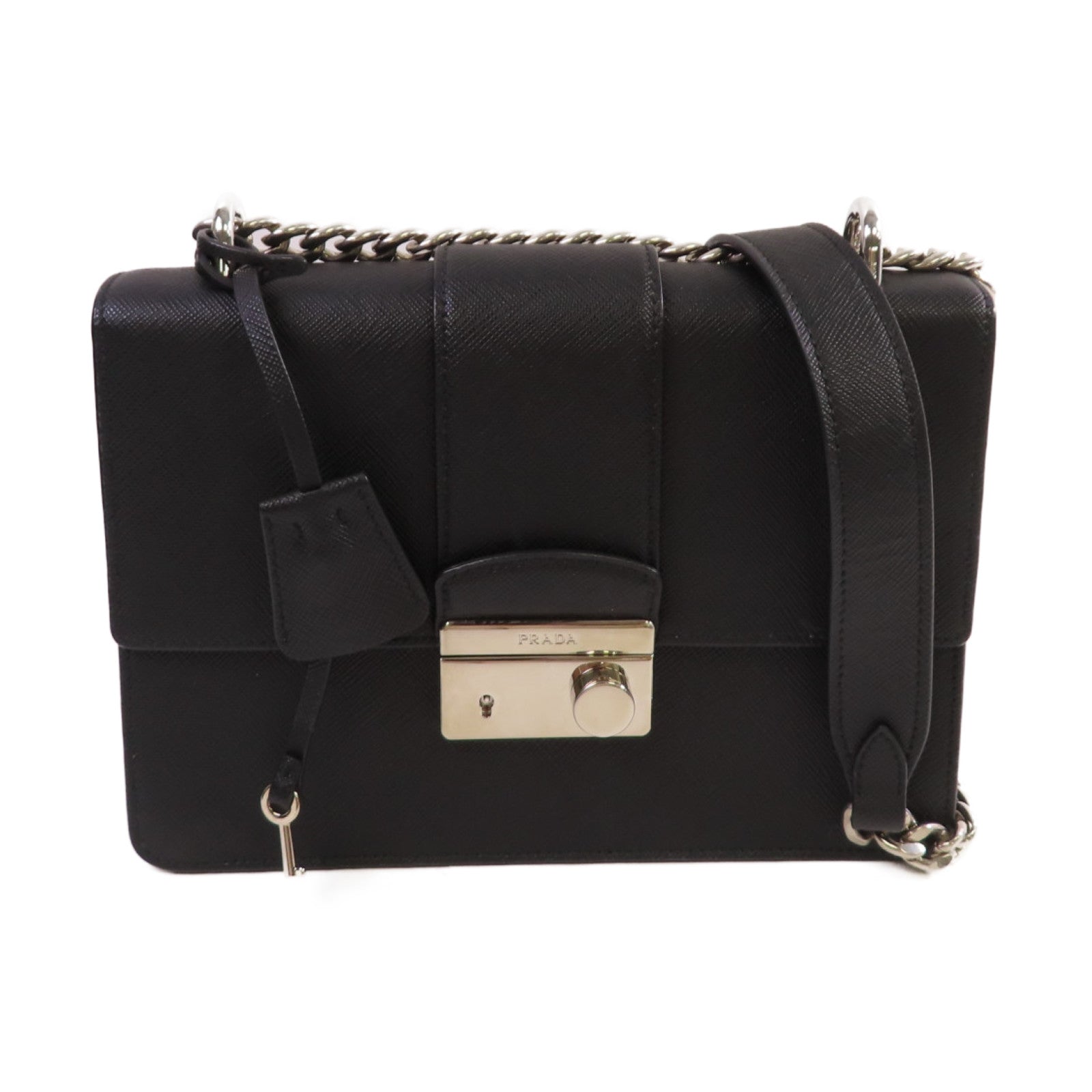 PRADA Saffiano皮革Chain Shoulder Bag銀扣鏈帶肩背袋黑色