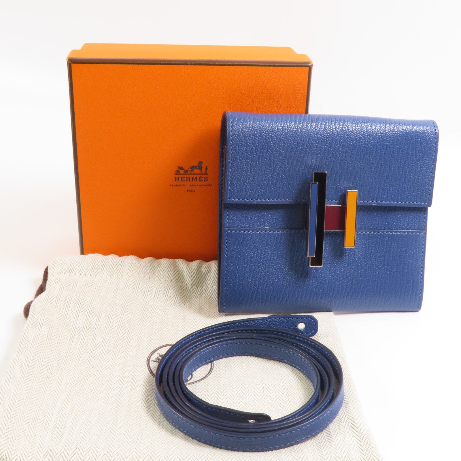 HERMES Chevre皮革Cinhetic To Go Wallet銀扣肩背袋7E Bleu Brighton