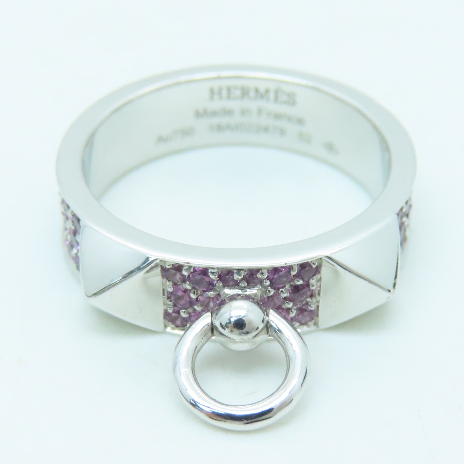 HERMES 18K White Gold Collier De Chien 0.64ct Pink Sapphire Ring #52 US#5.75